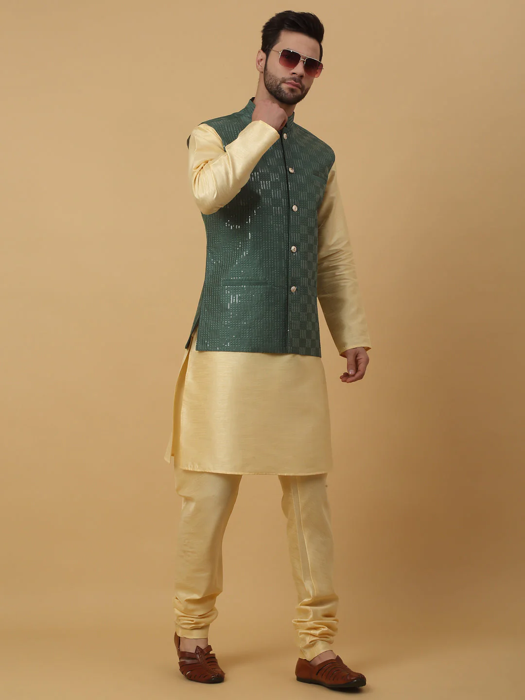 KRAFT INDIA Men's Silk Blend Beige Kurta, Churidar With Cotton Silk Sequenced Embroided Nehru Jacket set