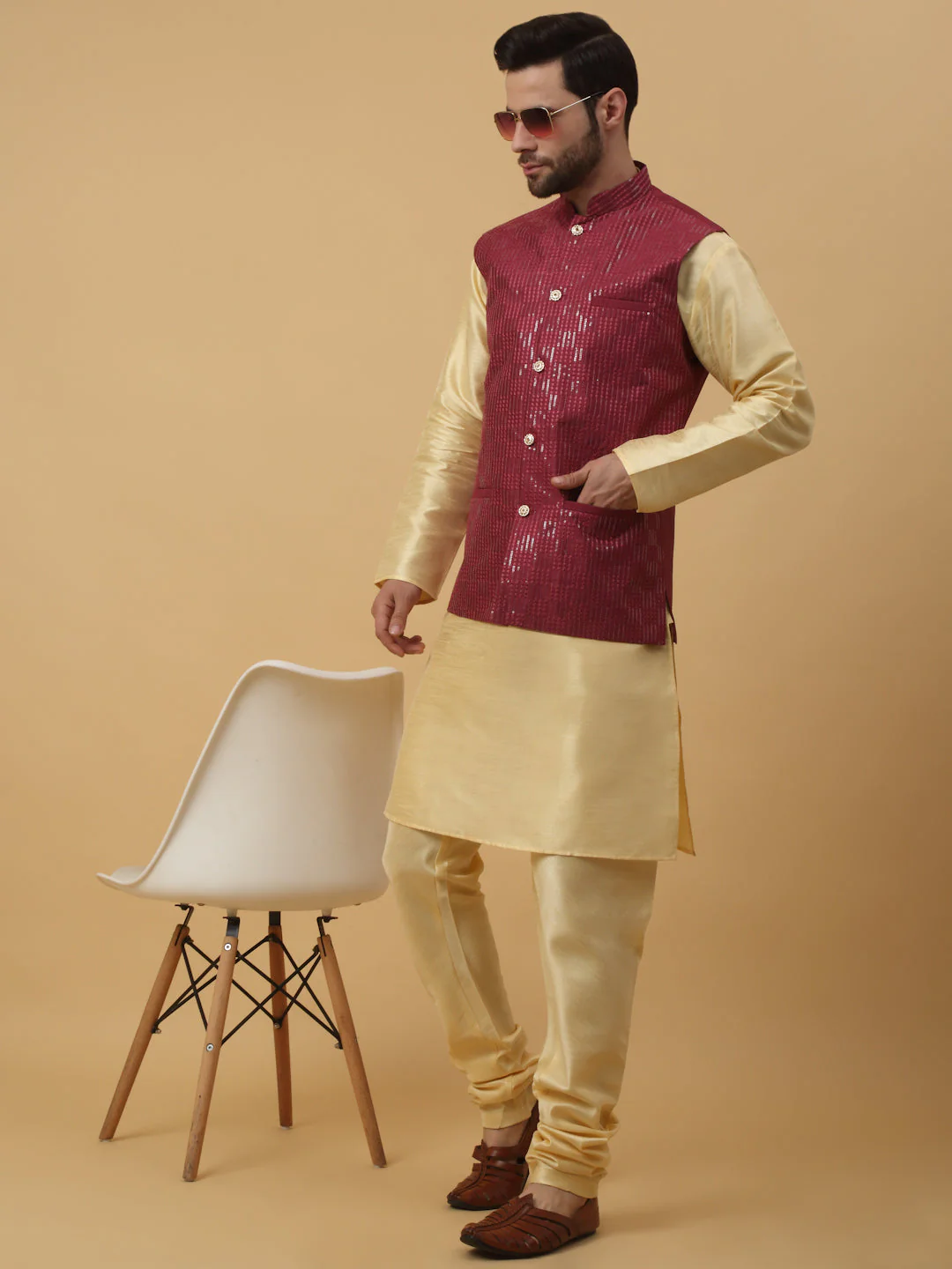 KRAFT INDIA Men's Silk Blend Beige Kurta, Churidar With Cotton Silk Sequenced Embroided Nehru Jacket set - Image 10
