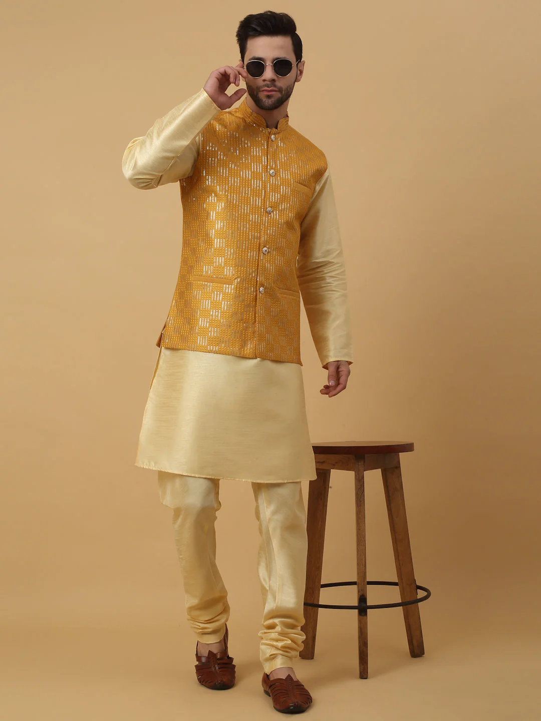 KRAFT INDIA Men's Silk Blend Beige Kurta, Churidar With Cotton Silk Sequenced Embroided Nehru Jacket set - Image 14