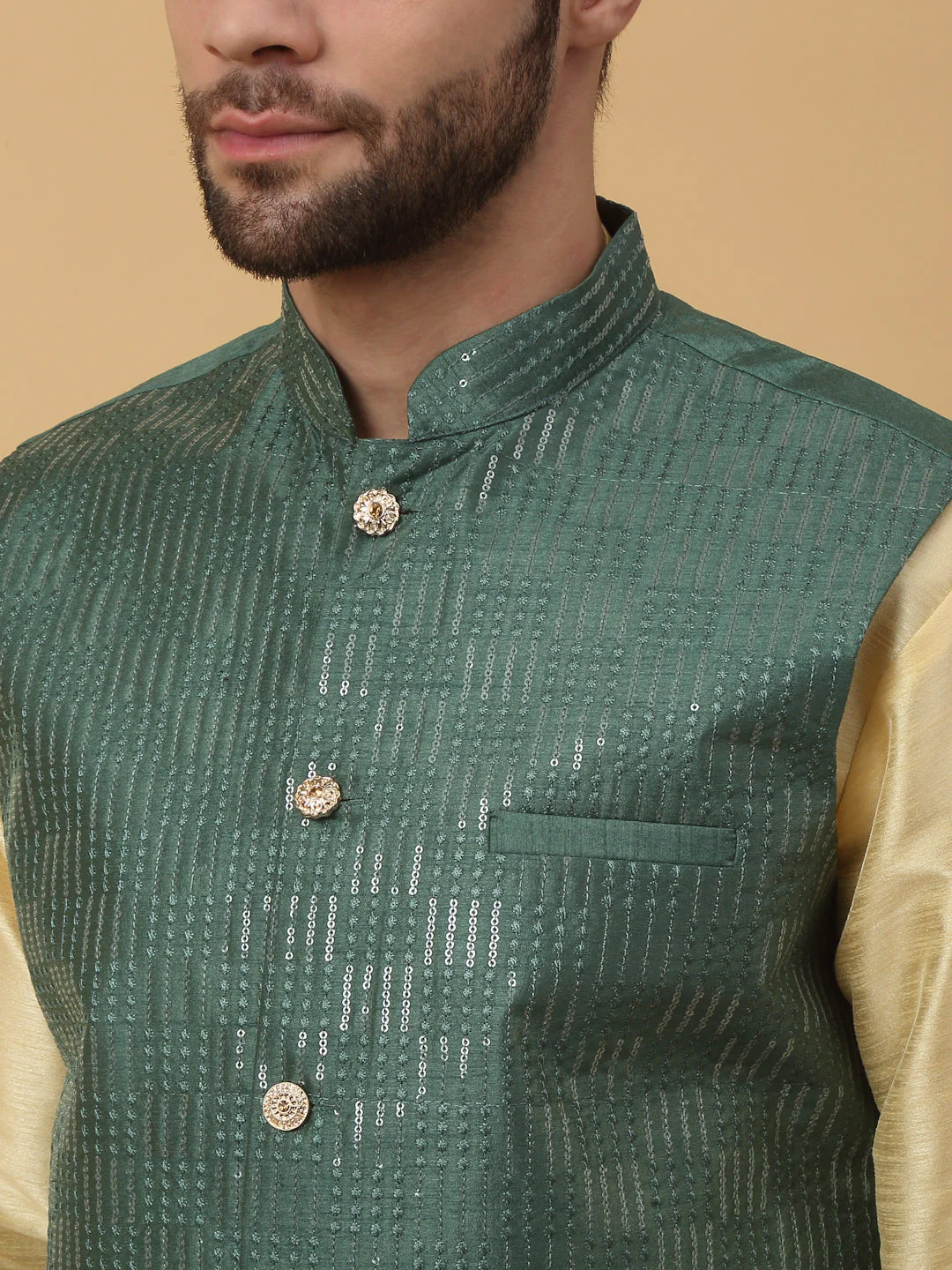 KRAFT INDIA Men's Silk Blend Beige Kurta, Churidar With Cotton Silk Sequenced Embroided Nehru Jacket set - Image 3