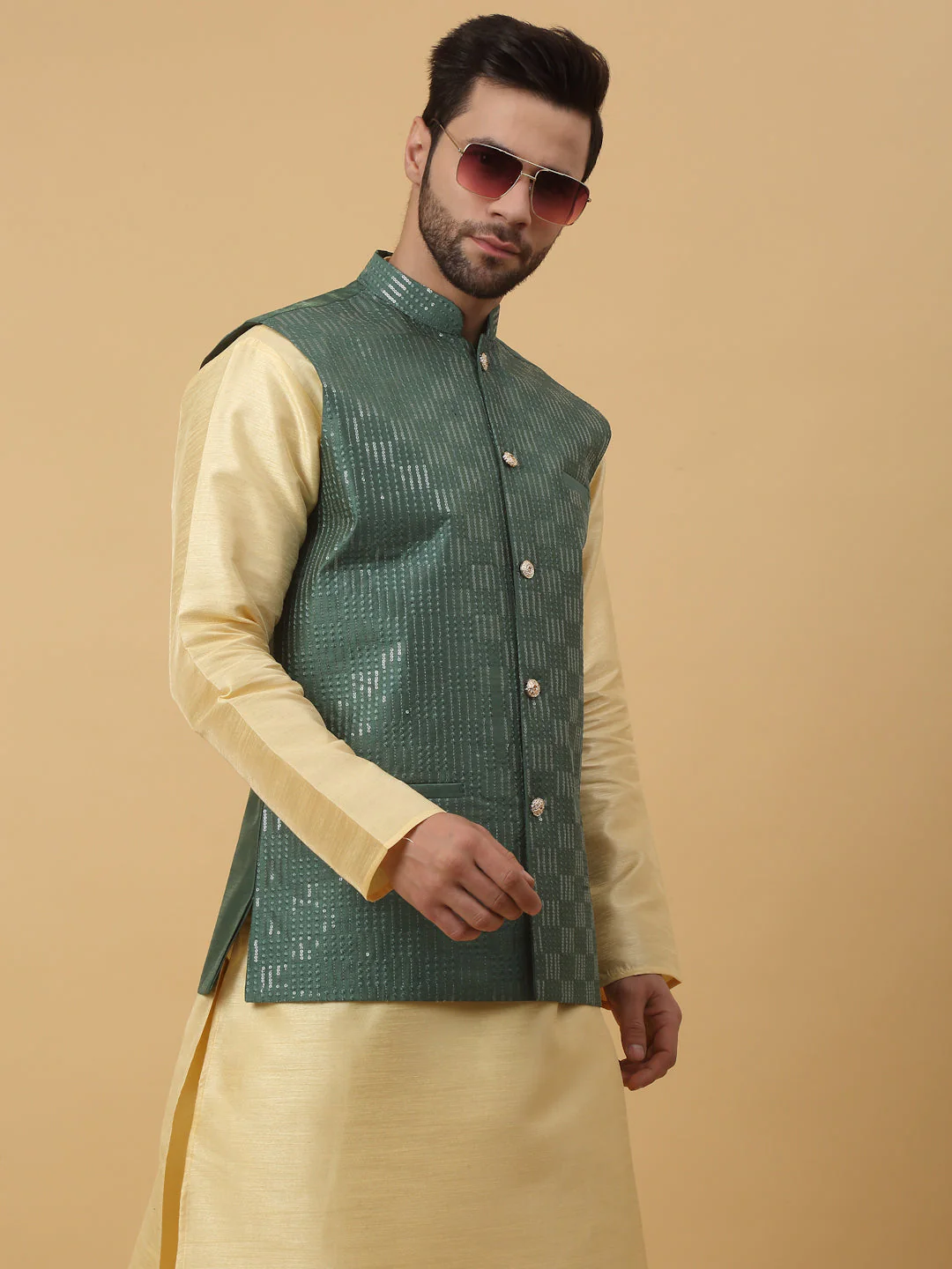 KRAFT INDIA Men's Silk Blend Beige Kurta, Churidar With Cotton Silk Sequenced Embroided Nehru Jacket set - Image 4