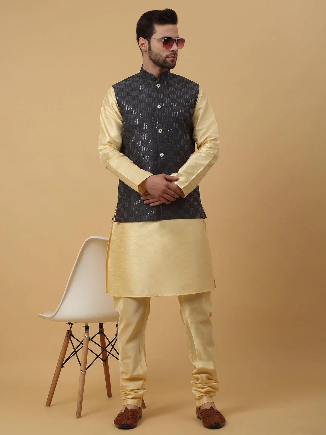 KRAFT INDIA Men's Silk Blend Beige Kurta, Churidar With Cotton Silk Sequenced Embroided Nehru Jacket set - Image 5