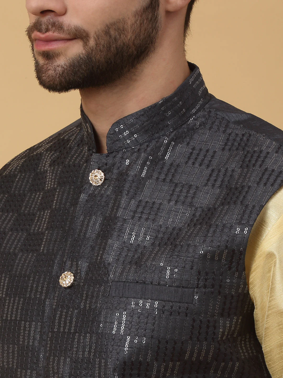 KRAFT INDIA Men's Silk Blend Beige Kurta, Churidar With Cotton Silk Sequenced Embroided Nehru Jacket set - Image 7