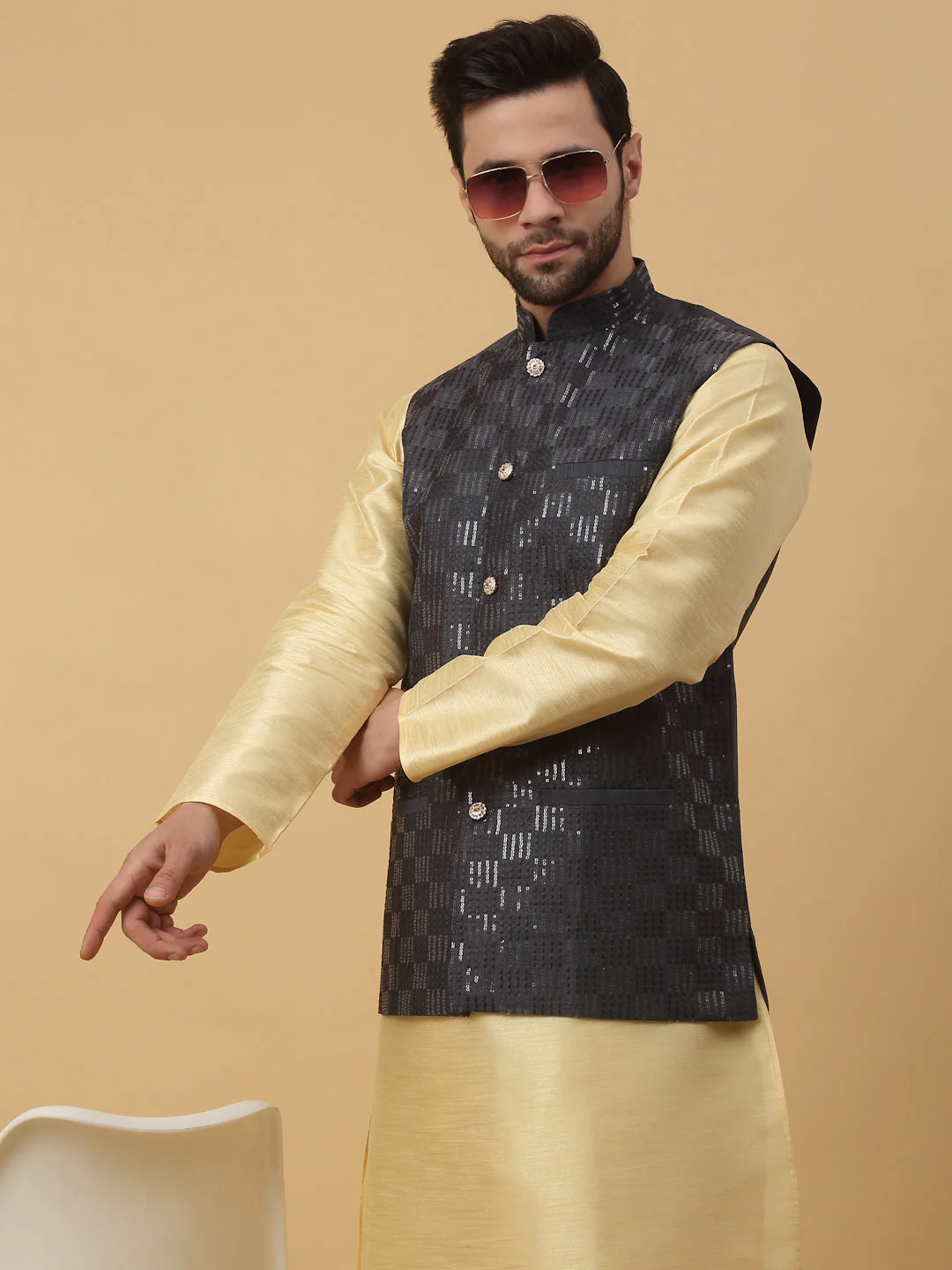 KRAFT INDIA Men's Silk Blend Beige Kurta, Churidar With Cotton Silk Sequenced Embroided Nehru Jacket set - Image 9