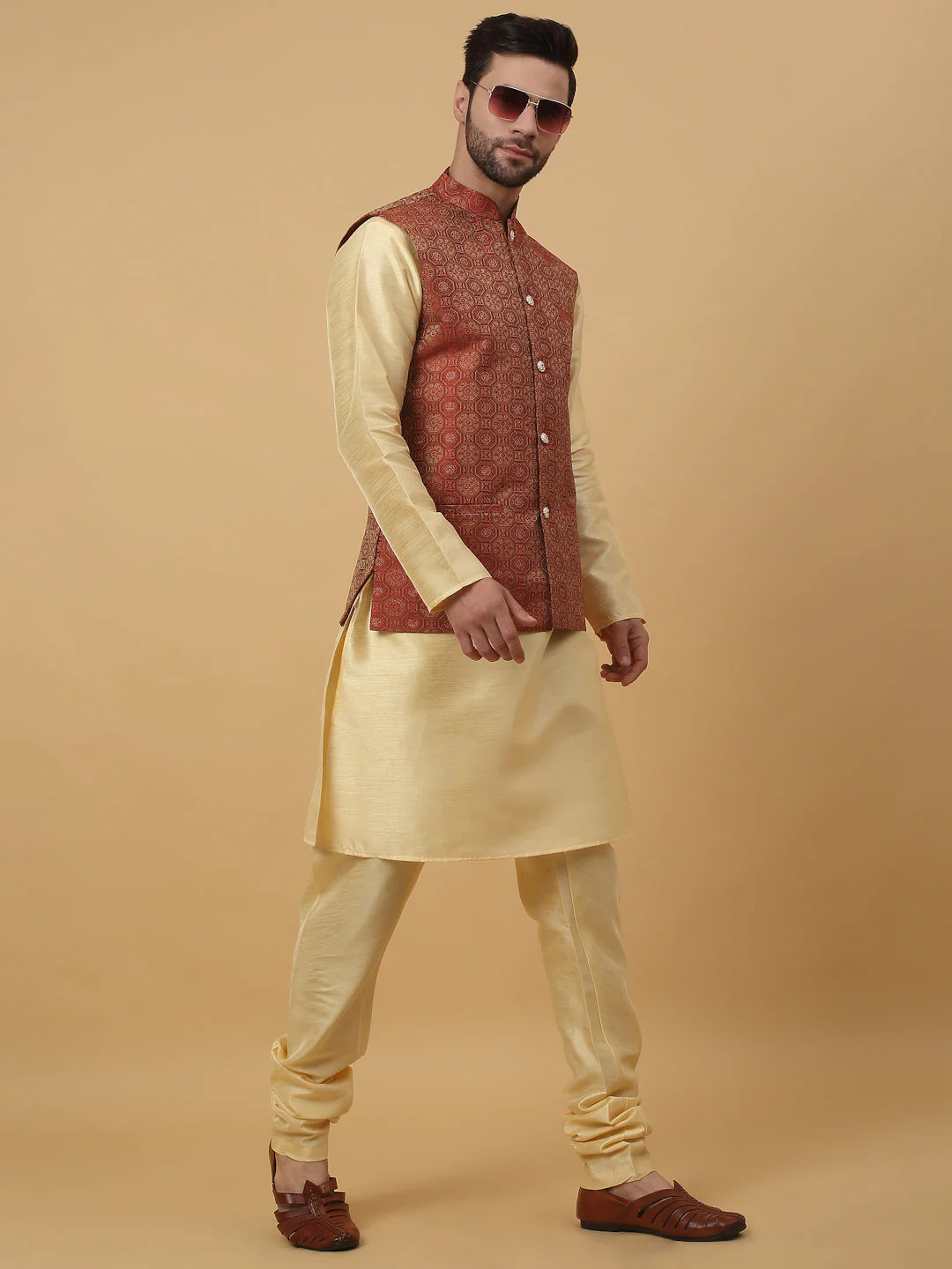 KRAFT INDIA Men's Silk Blend Beige Kurta, Churidar with Jacquard Bandhani Silk Blend Nehru Jacket Set - Image 110