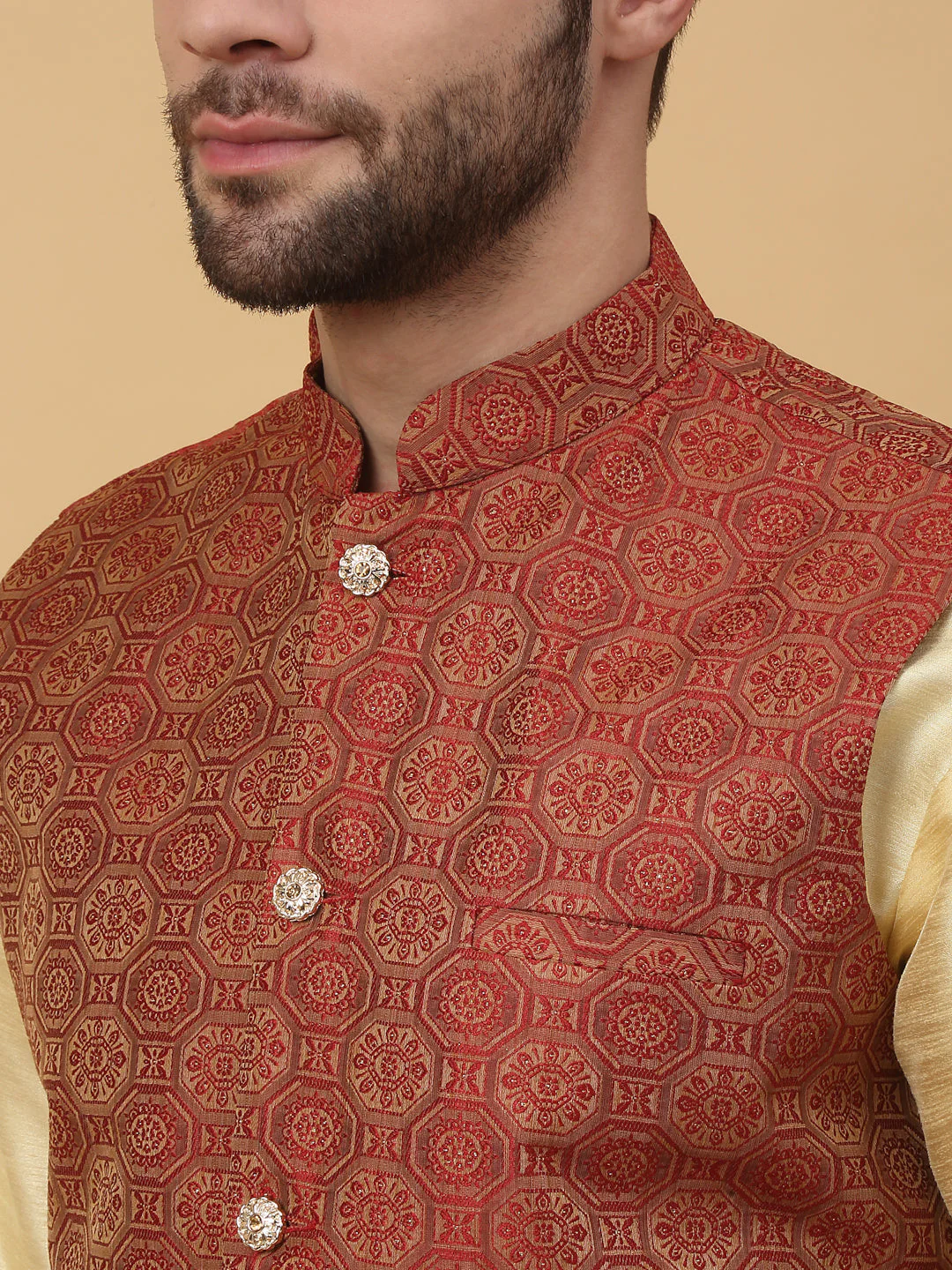 KRAFT INDIA Men's Silk Blend Beige Kurta, Churidar with Jacquard Bandhani Silk Blend Nehru Jacket Set - Image 13