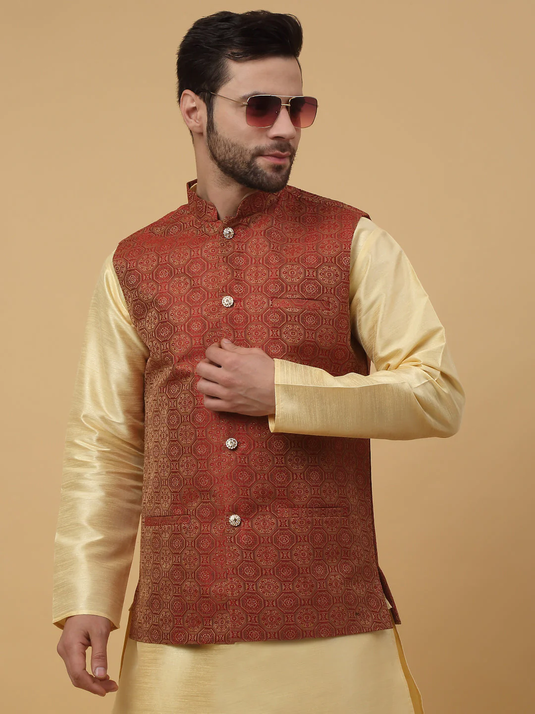 KRAFT INDIA Men's Silk Blend Beige Kurta, Churidar with Jacquard Bandhani Silk Blend Nehru Jacket Set - Image 15