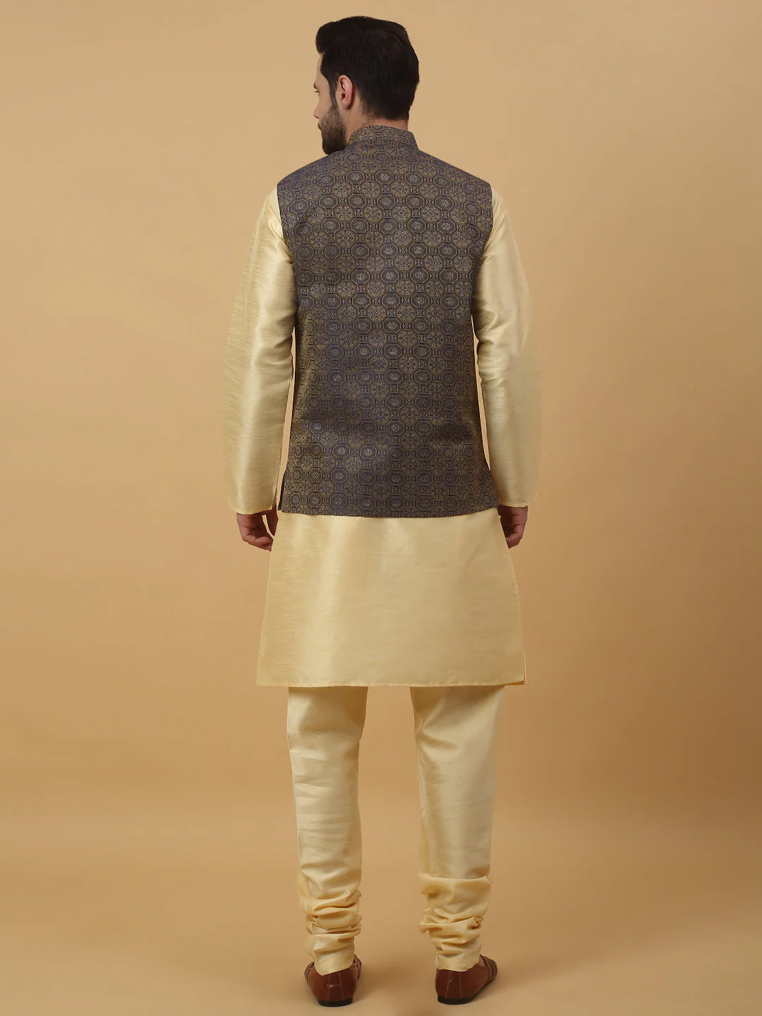 KRAFT INDIA Men's Silk Blend Beige Kurta, Churidar with Jacquard Bandhani Silk Blend Nehru Jacket Set - Image 2