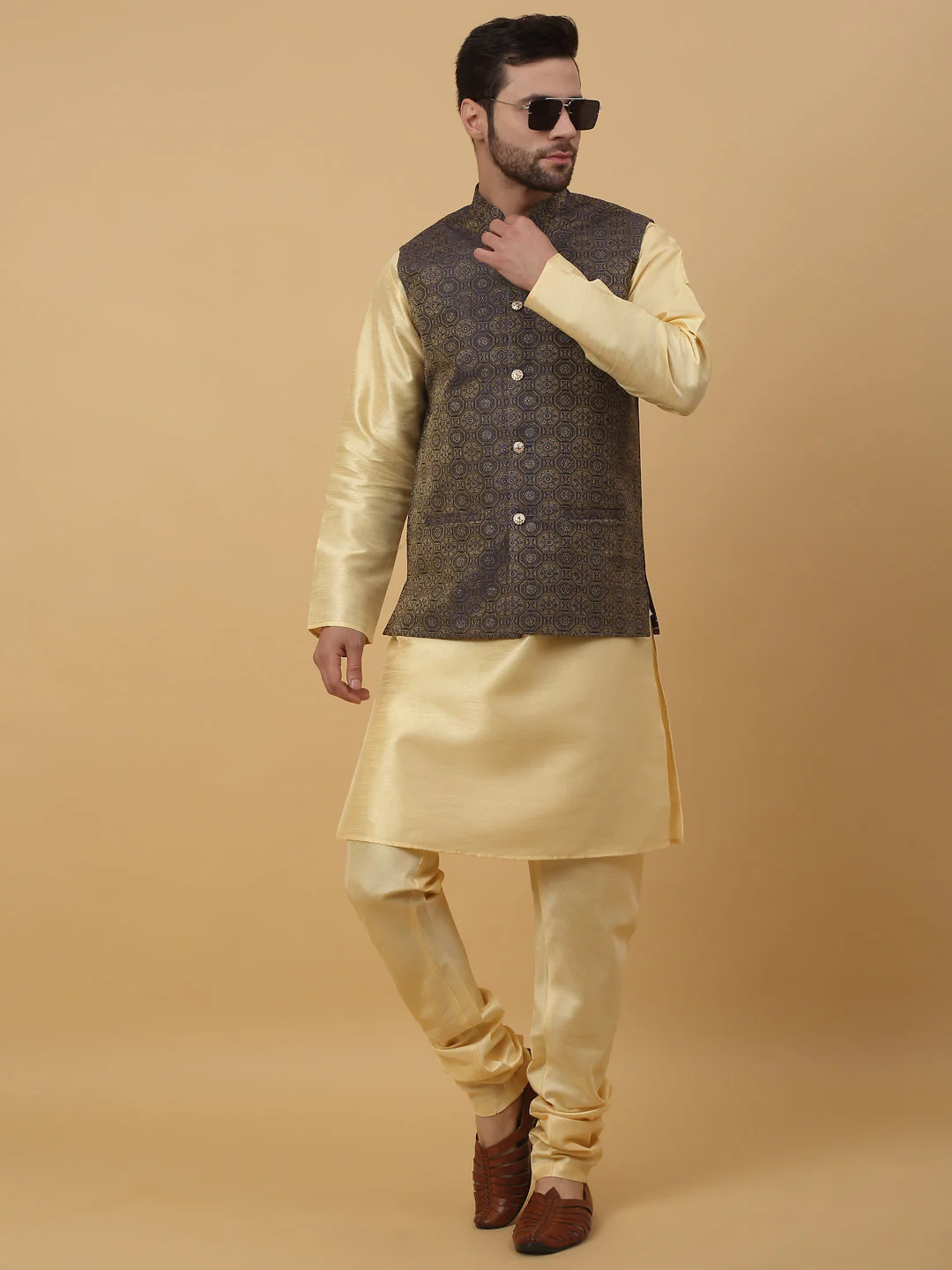 KRAFT INDIA Men's Silk Blend Beige Kurta, Churidar with Jacquard Bandhani Silk Blend Nehru Jacket Set - Image 220