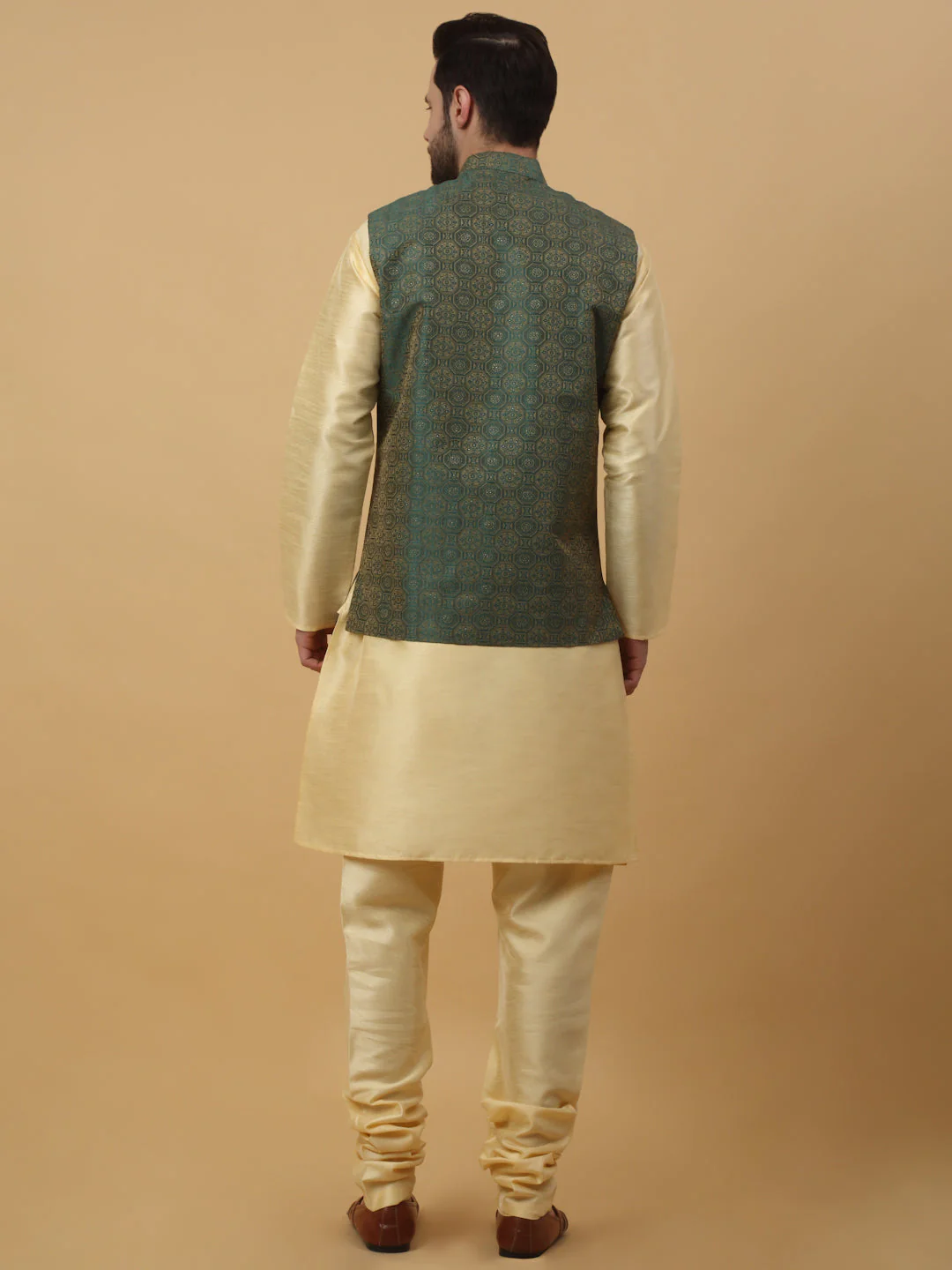 KRAFT INDIA Men's Silk Blend Beige Kurta, Churidar with Jacquard Bandhani Silk Blend Nehru Jacket Set - Image 7
