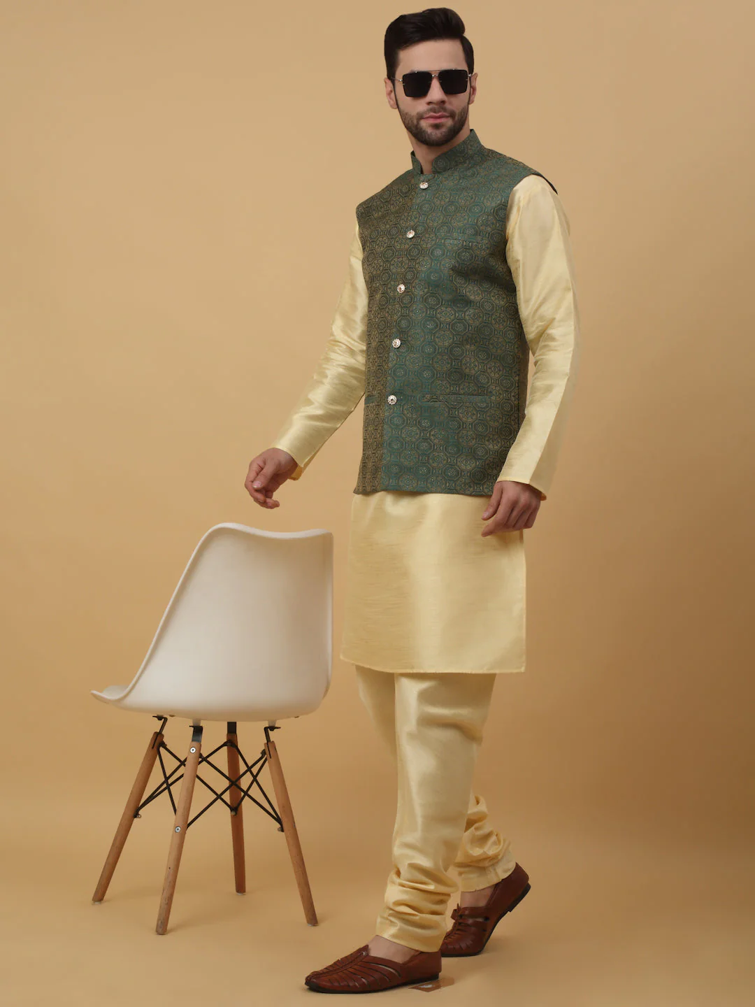 KRAFT INDIA Men's Silk Blend Beige Kurta, Churidar with Jacquard Bandhani Silk Blend Nehru Jacket Set - Image 88