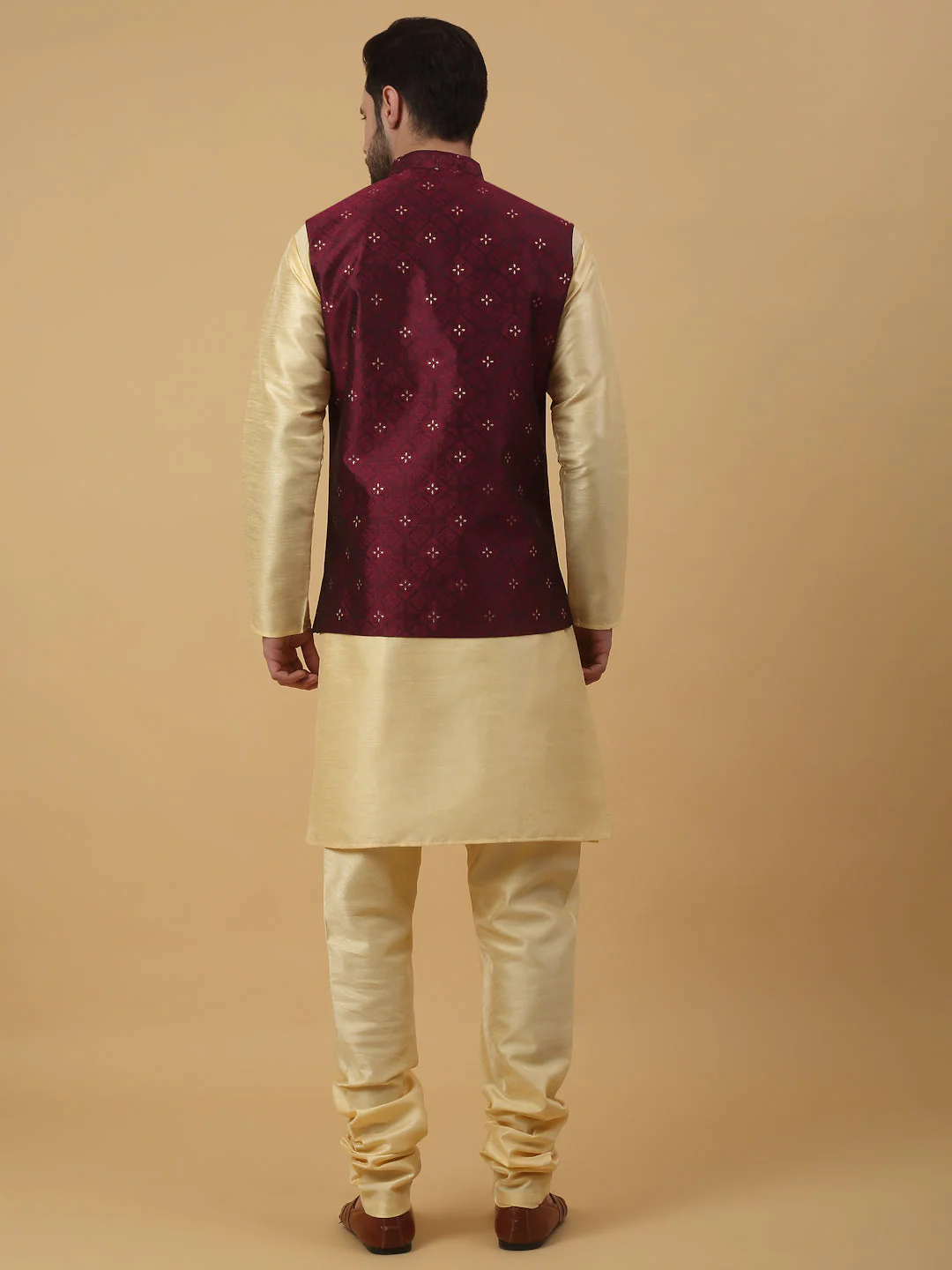 KRAFT INDIA Men's Silk Blend Beige Kurta, Churidar with Jacquard Silk Blend Floral Nehru Jacket Set - Image 12