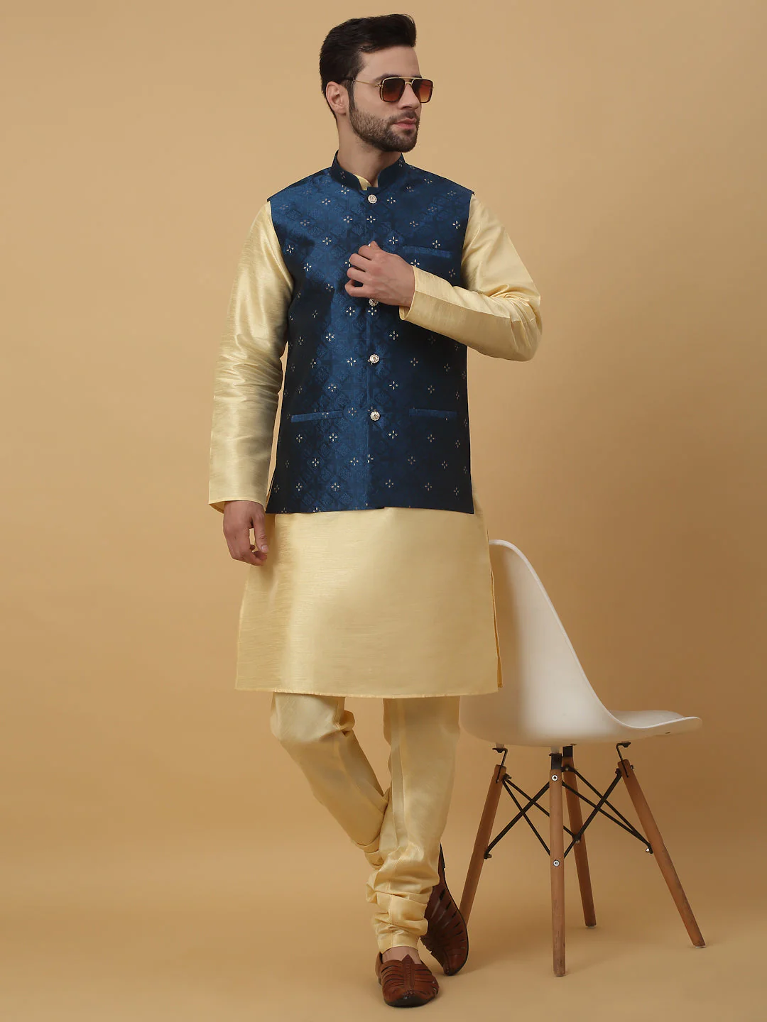 KRAFT INDIA Men's Silk Blend Beige Kurta, Churidar with Jacquard Silk Blend Floral Nehru Jacket Set - Image 166