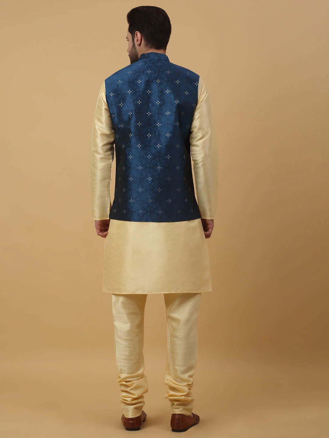 KRAFT INDIA Men's Silk Blend Beige Kurta, Churidar with Jacquard Silk Blend Floral Nehru Jacket Set - Image 2
