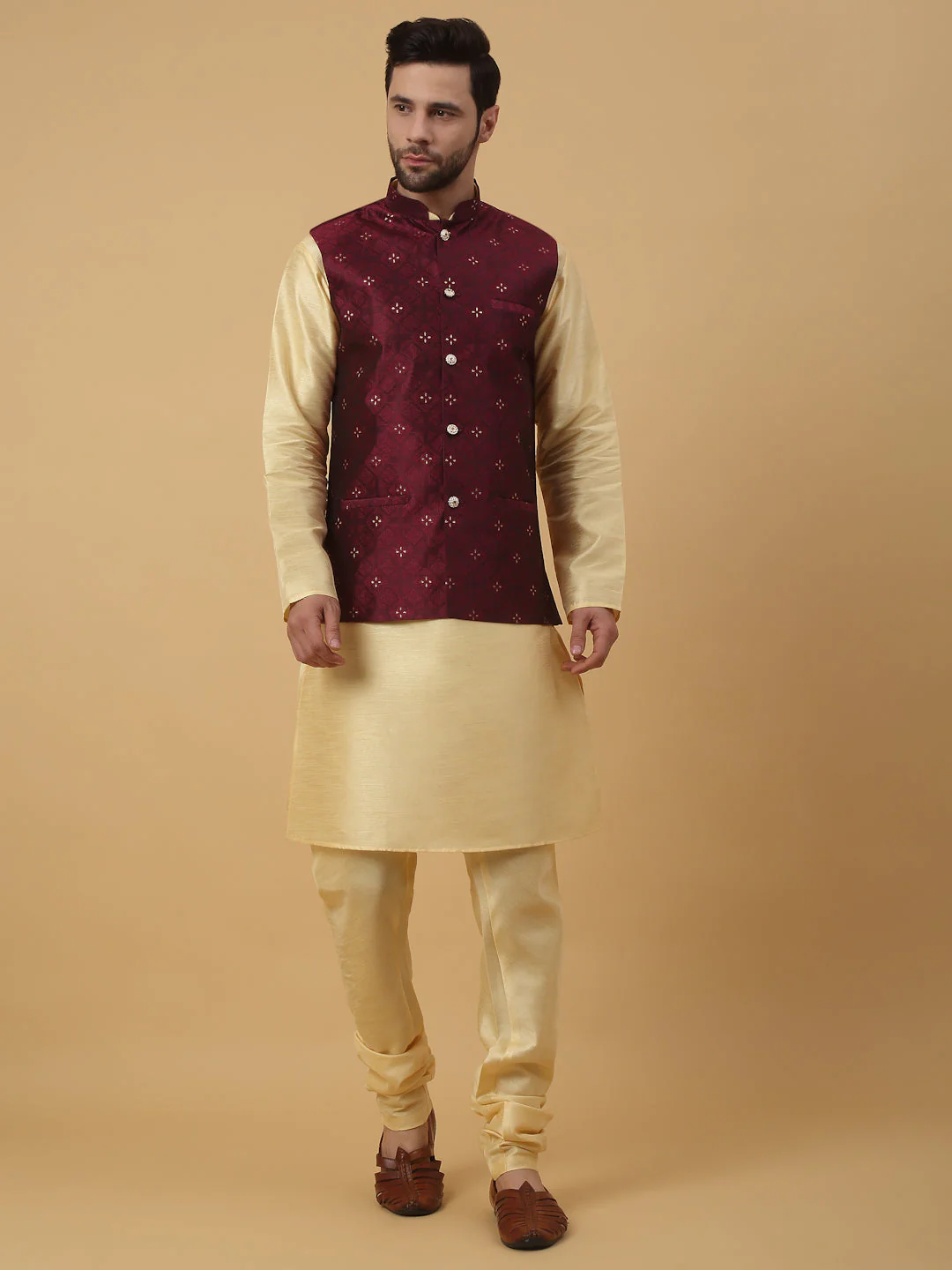 KRAFT INDIA Men's Silk Blend Beige Kurta, Churidar with Jacquard Silk Blend Floral Nehru Jacket Set - Image 228