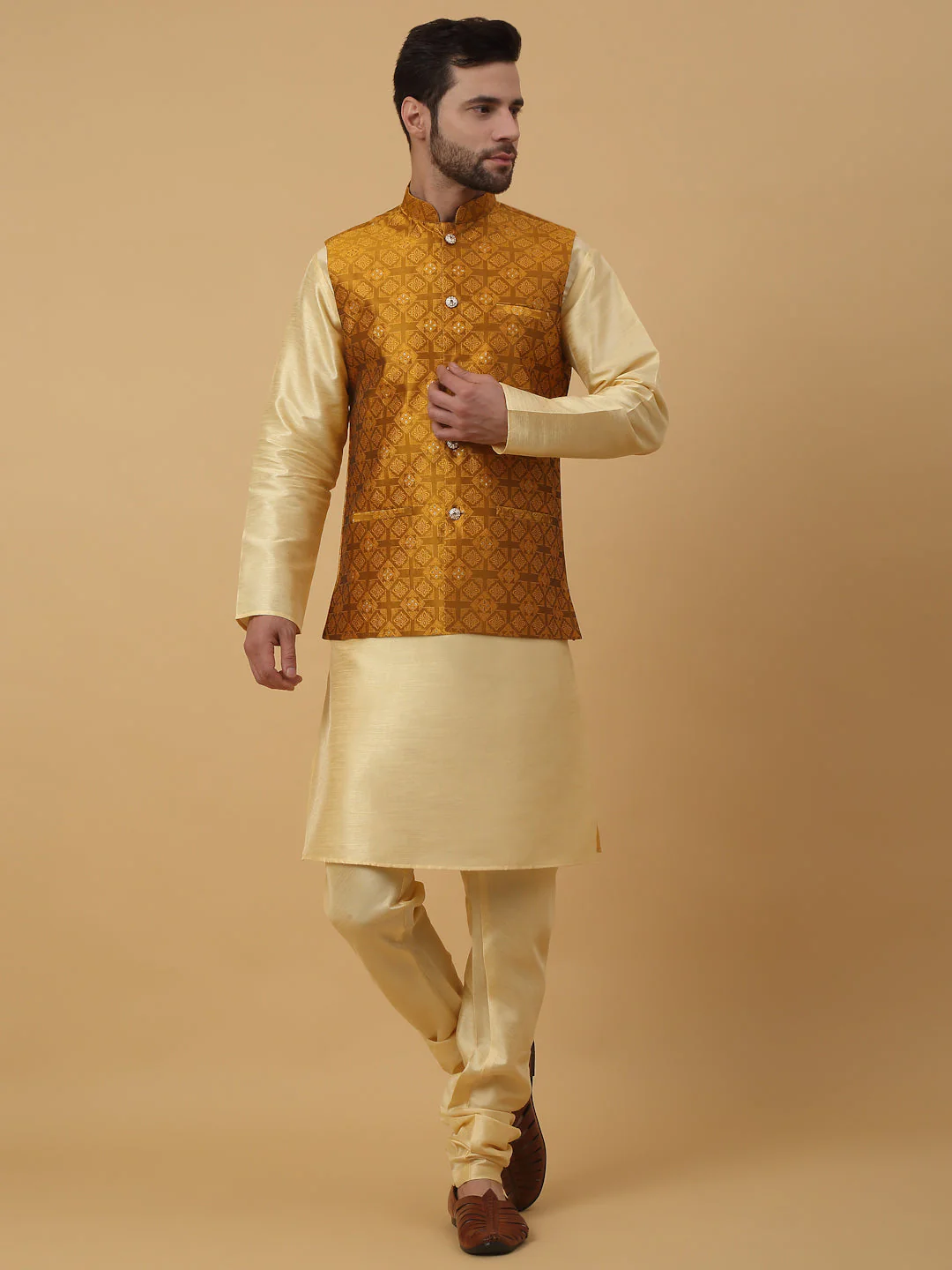 KRAFT INDIA Men's Silk Blend Beige Kurta, Churidar with Jacquard Silk Blend Floral Nehru Jacket Set - Image 70