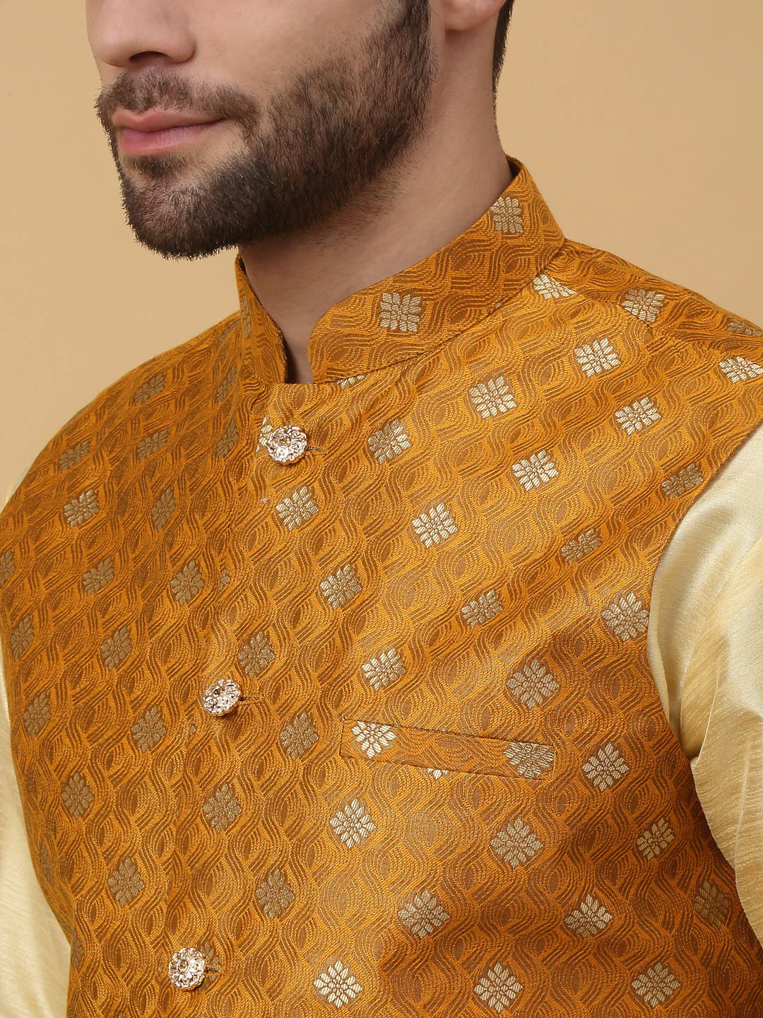 KRAFT INDIA Men's Silk Blend Beige Kurta, Churidar with Jacquard Silk Blend Floral Print Nehru Jacket Set - Image 11