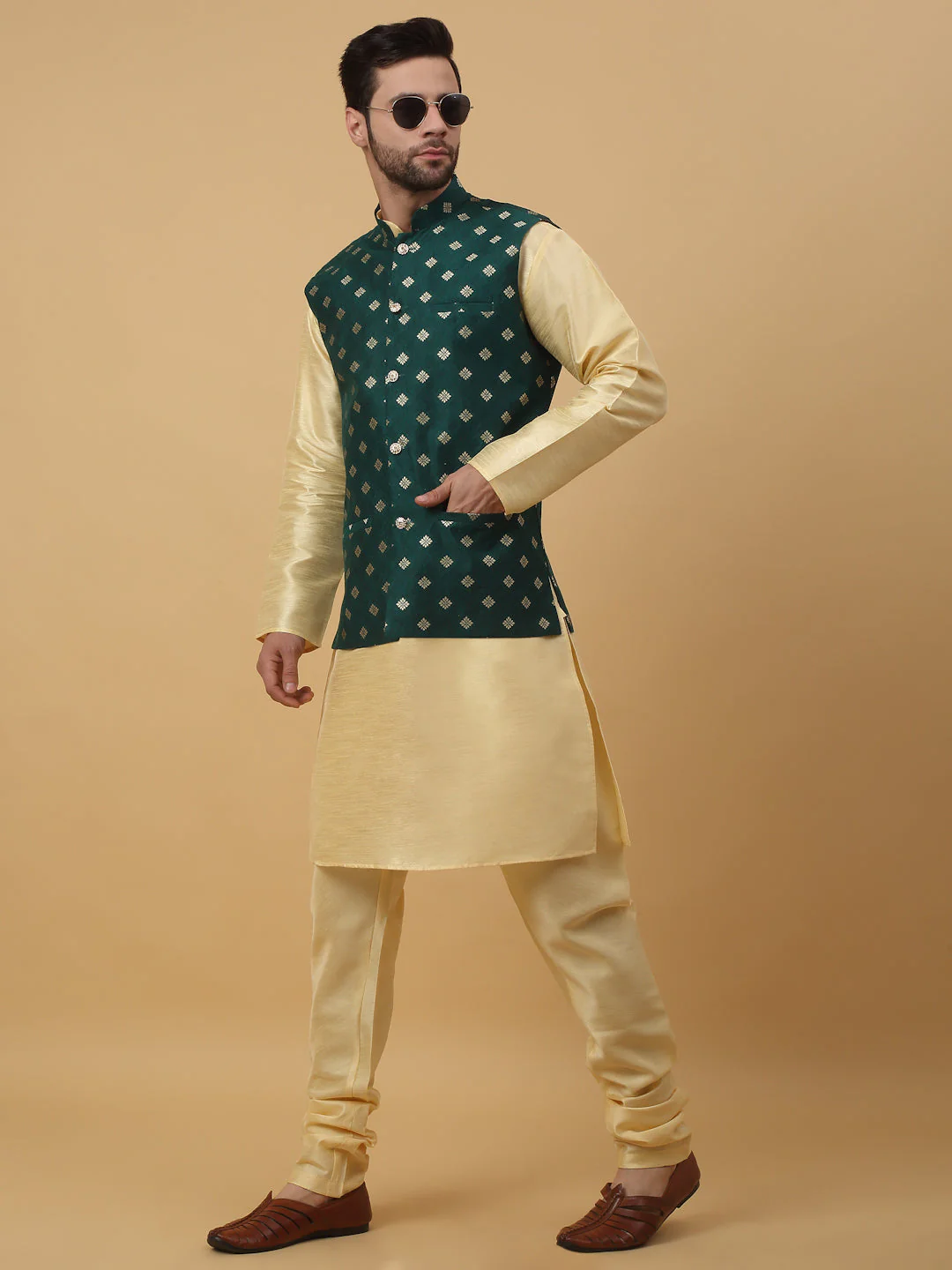 KRAFT INDIA Men's Silk Blend Beige Kurta, Churidar with Jacquard Silk Blend Floral Print Nehru Jacket Set - Image 206
