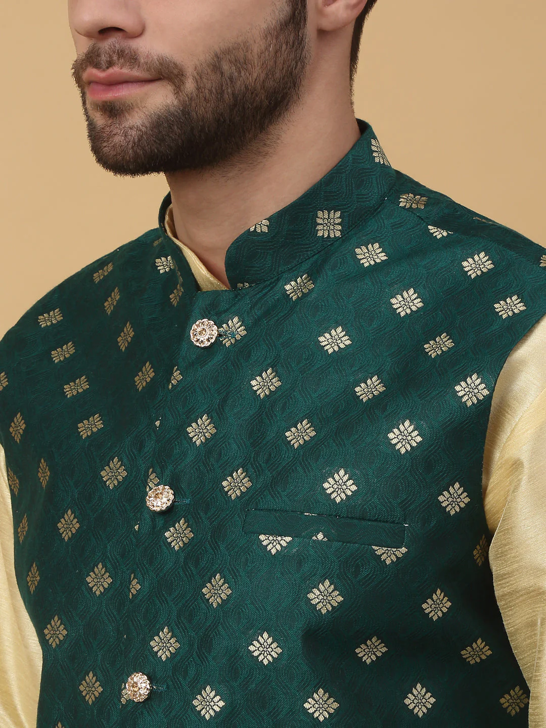 KRAFT INDIA Men's Silk Blend Beige Kurta, Churidar with Jacquard Silk Blend Floral Print Nehru Jacket Set - Image 3
