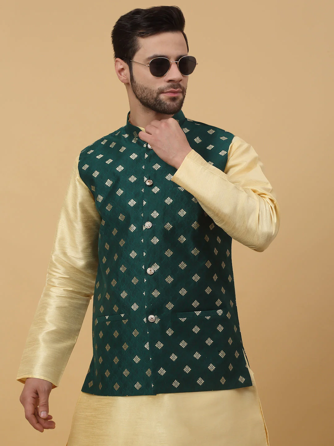 KRAFT INDIA Men's Silk Blend Beige Kurta, Churidar with Jacquard Silk Blend Floral Print Nehru Jacket Set - Image 4