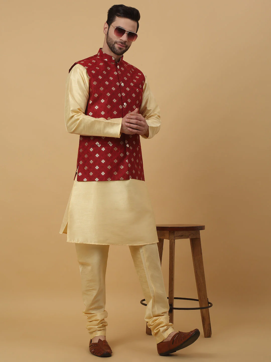 KRAFT INDIA Men's Silk Blend Beige Kurta, Churidar with Jacquard Silk Blend Floral Print Nehru Jacket Set - Image 5