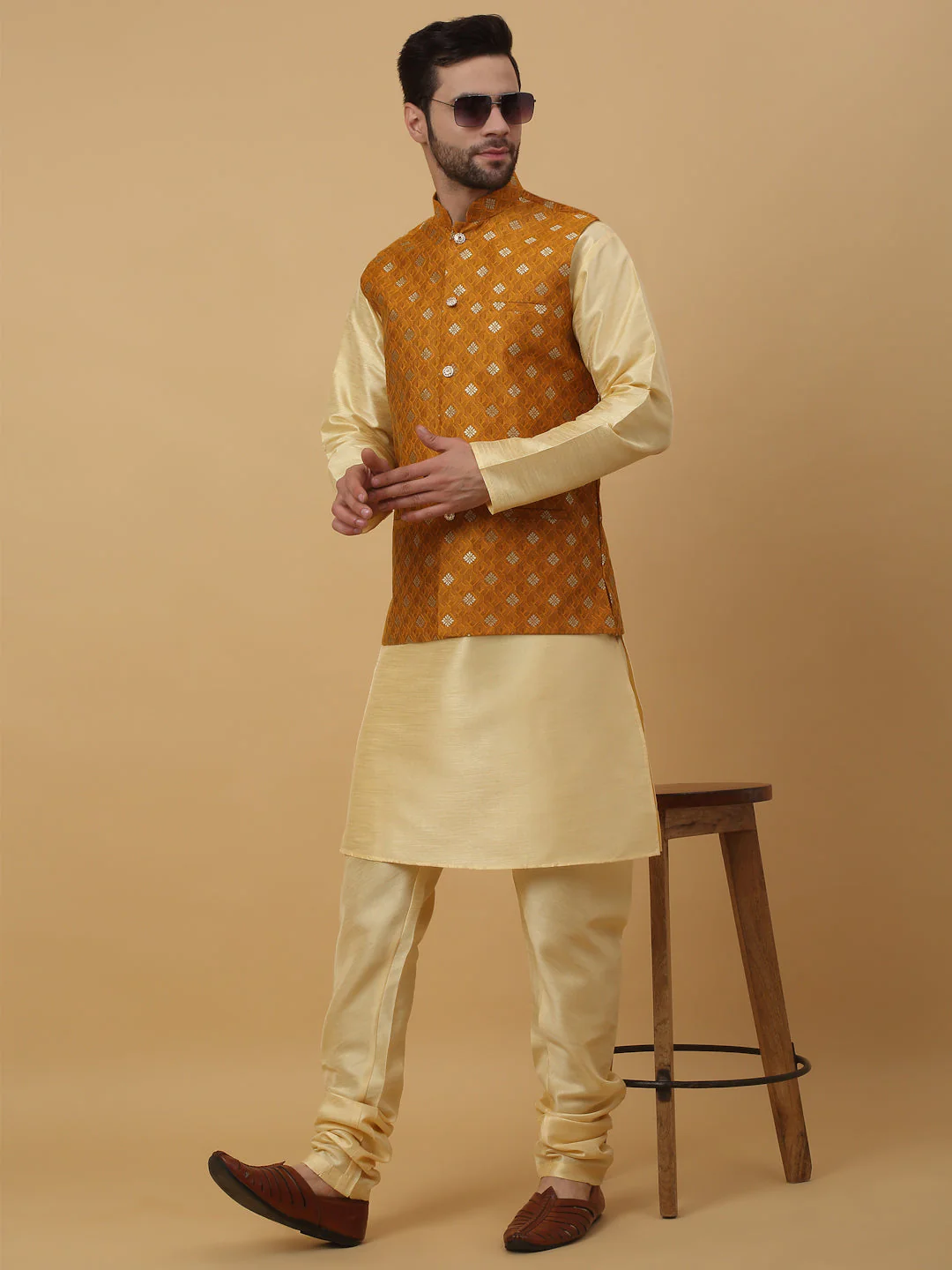 KRAFT INDIA Men's Silk Blend Beige Kurta, Churidar with Jacquard Silk Blend Floral Print Nehru Jacket Set - Image 52