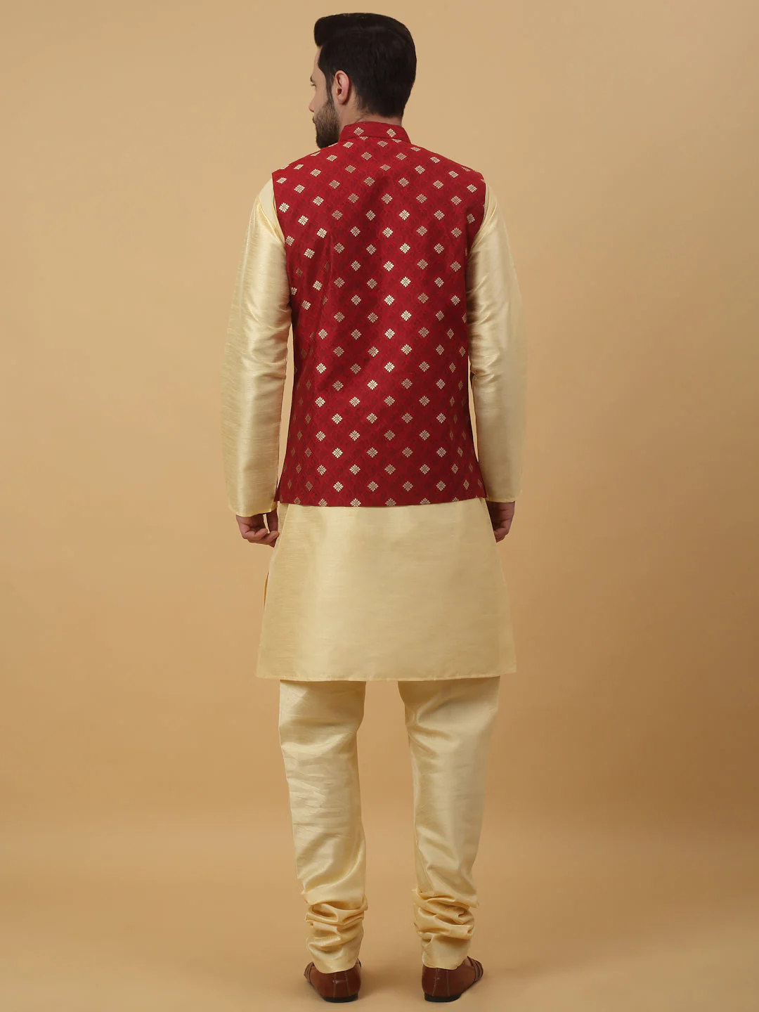 KRAFT INDIA Men's Silk Blend Beige Kurta, Churidar with Jacquard Silk Blend Floral Print Nehru Jacket Set - Image 6