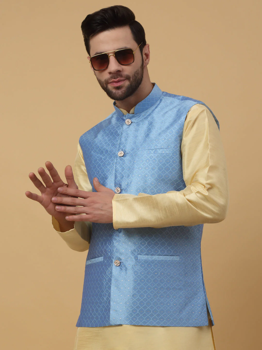 KRAFT INDIA Men's Silk Blend Beige Kurta, Churidar With Silk Blend Geometric Nehru Jacket set - Image 10