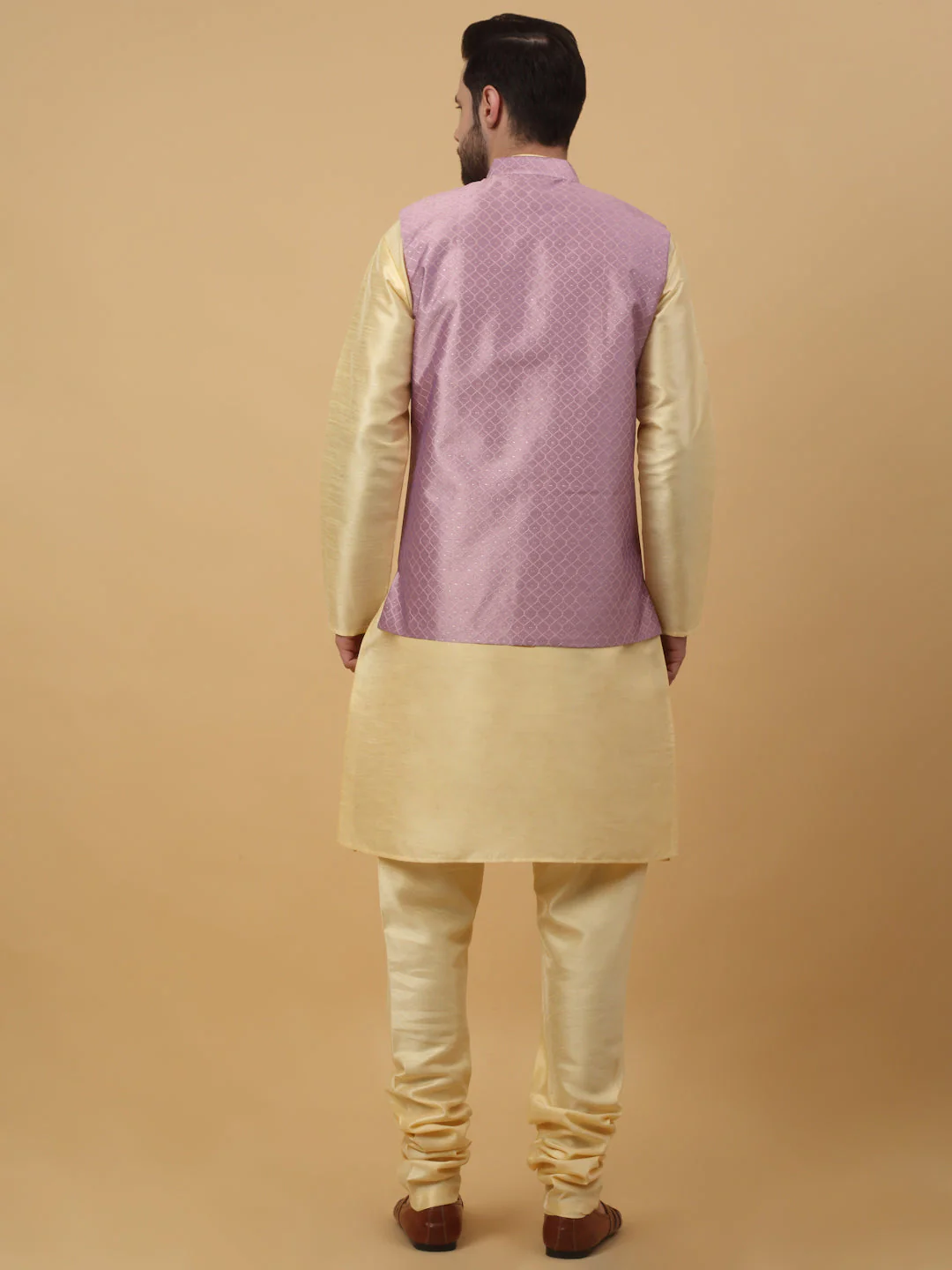 KRAFT INDIA Men's Silk Blend Beige Kurta, Churidar With Silk Blend Geometric Nehru Jacket set - Image 2