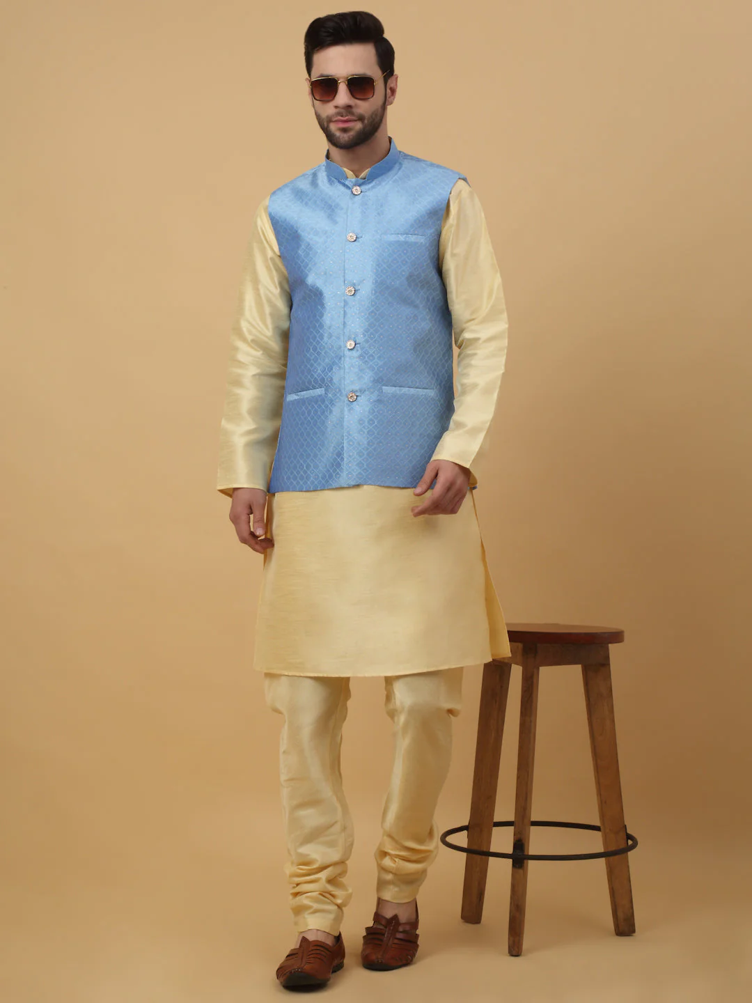 KRAFT INDIA Men's Silk Blend Beige Kurta, Churidar With Silk Blend Geometric Nehru Jacket set - Image 20