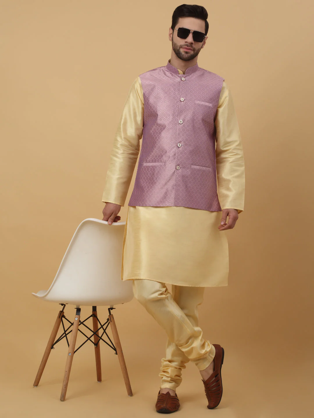KRAFT INDIA Men's Silk Blend Beige Kurta, Churidar With Silk Blend Geometric Nehru Jacket set - Image 28