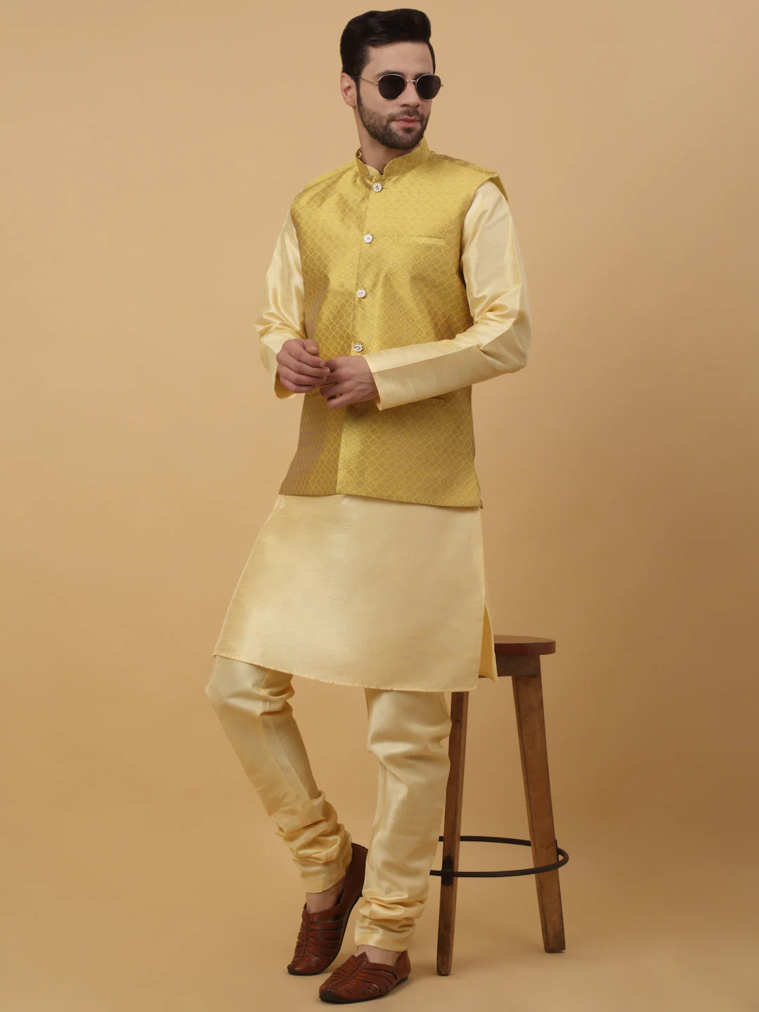 KRAFT INDIA Men's Silk Blend Beige Kurta, Churidar With Silk Blend Geometric Nehru Jacket set - Image 40