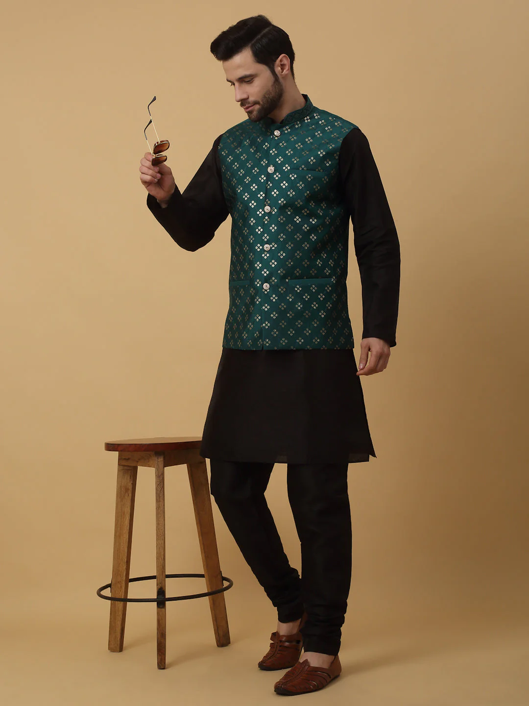 KRAFT INDIA Men's Silk Blend Black Kurta, Churidar with Cotton Silk Embroided Sequenced Nehru Jacket Set - Image 140