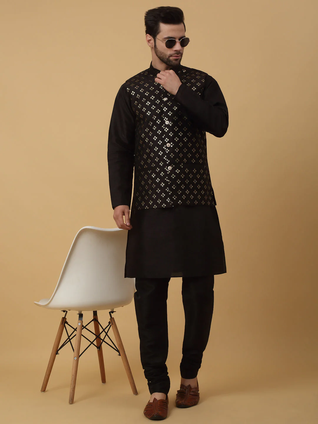KRAFT INDIA Men's Silk Blend Black Kurta, Churidar with Cotton Silk Embroided Sequenced Nehru Jacket Set - Image 148