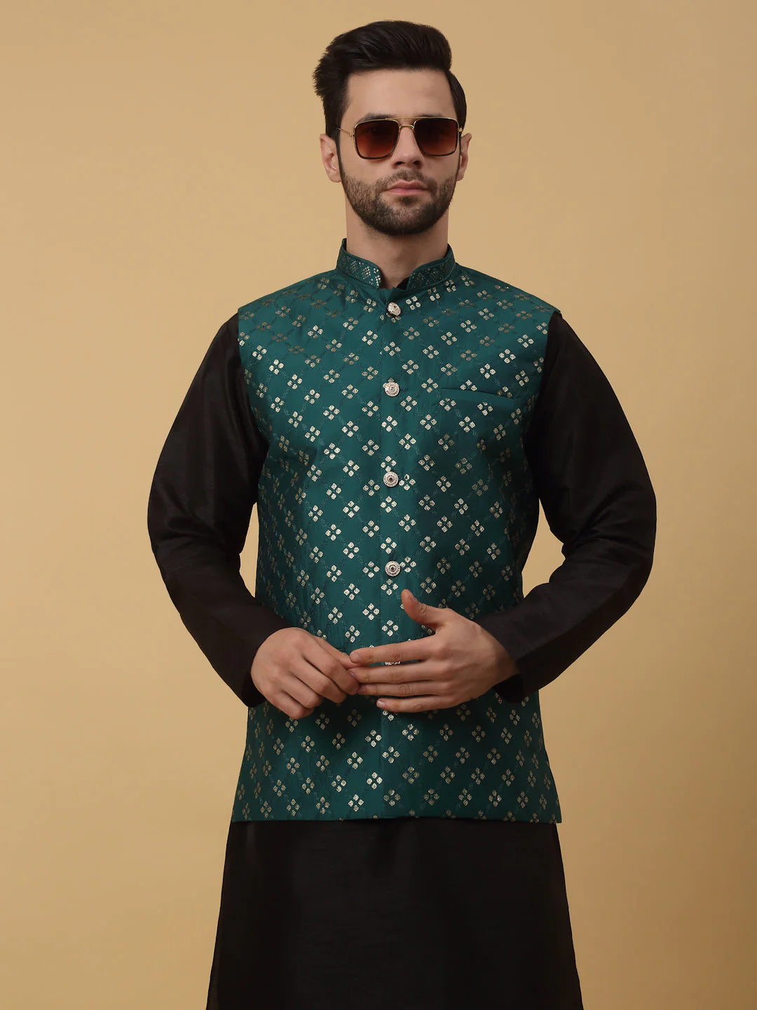 KRAFT INDIA Men's Silk Blend Black Kurta, Churidar with Cotton Silk Embroided Sequenced Nehru Jacket Set - Image 15