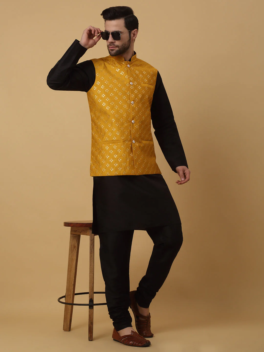 KRAFT INDIA Men's Silk Blend Black Kurta, Churidar with Cotton Silk Embroided Sequenced Nehru Jacket Set - Image 157