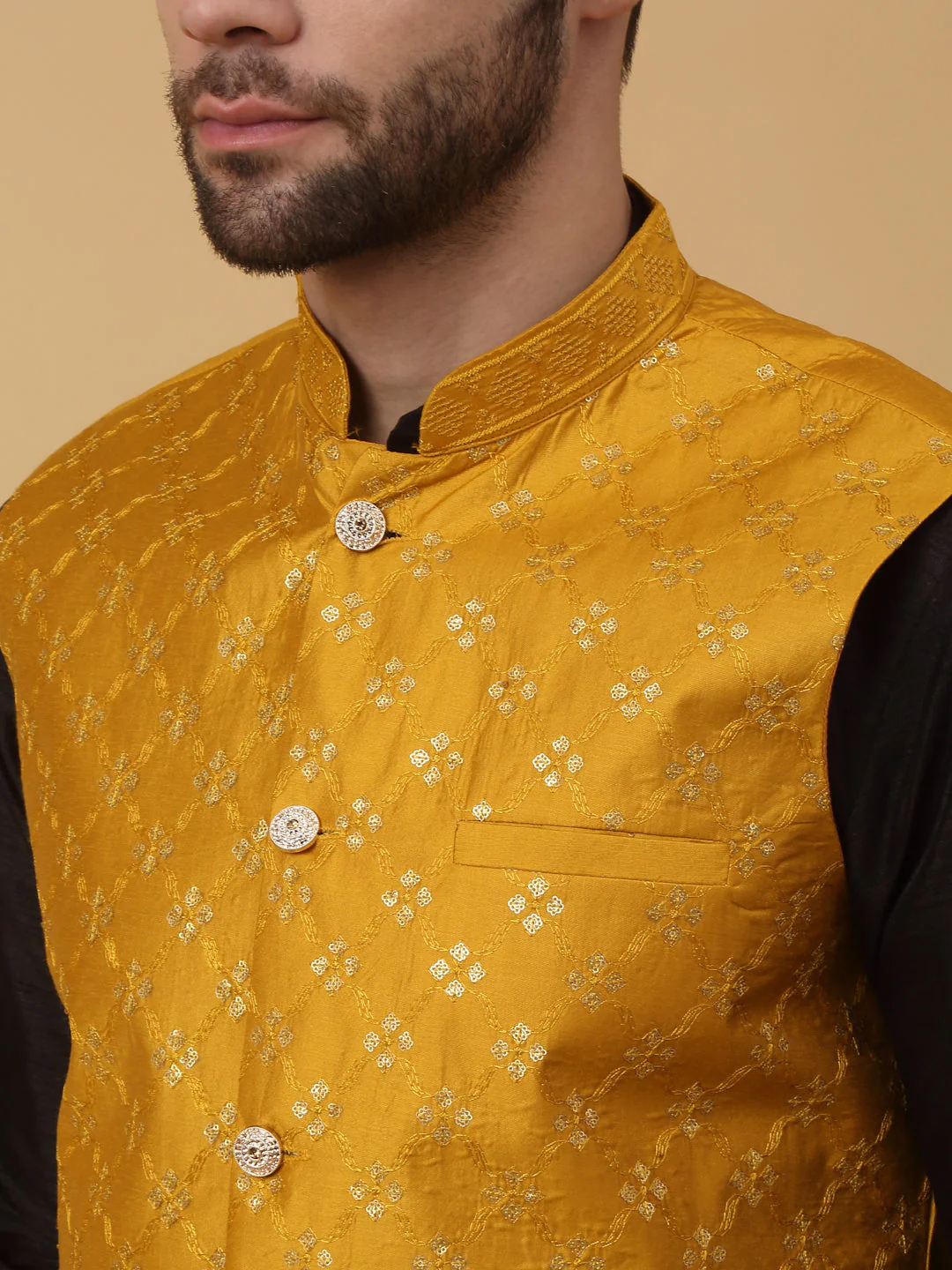KRAFT INDIA Men's Silk Blend Black Kurta, Churidar with Cotton Silk Embroided Sequenced Nehru Jacket Set - Image 18