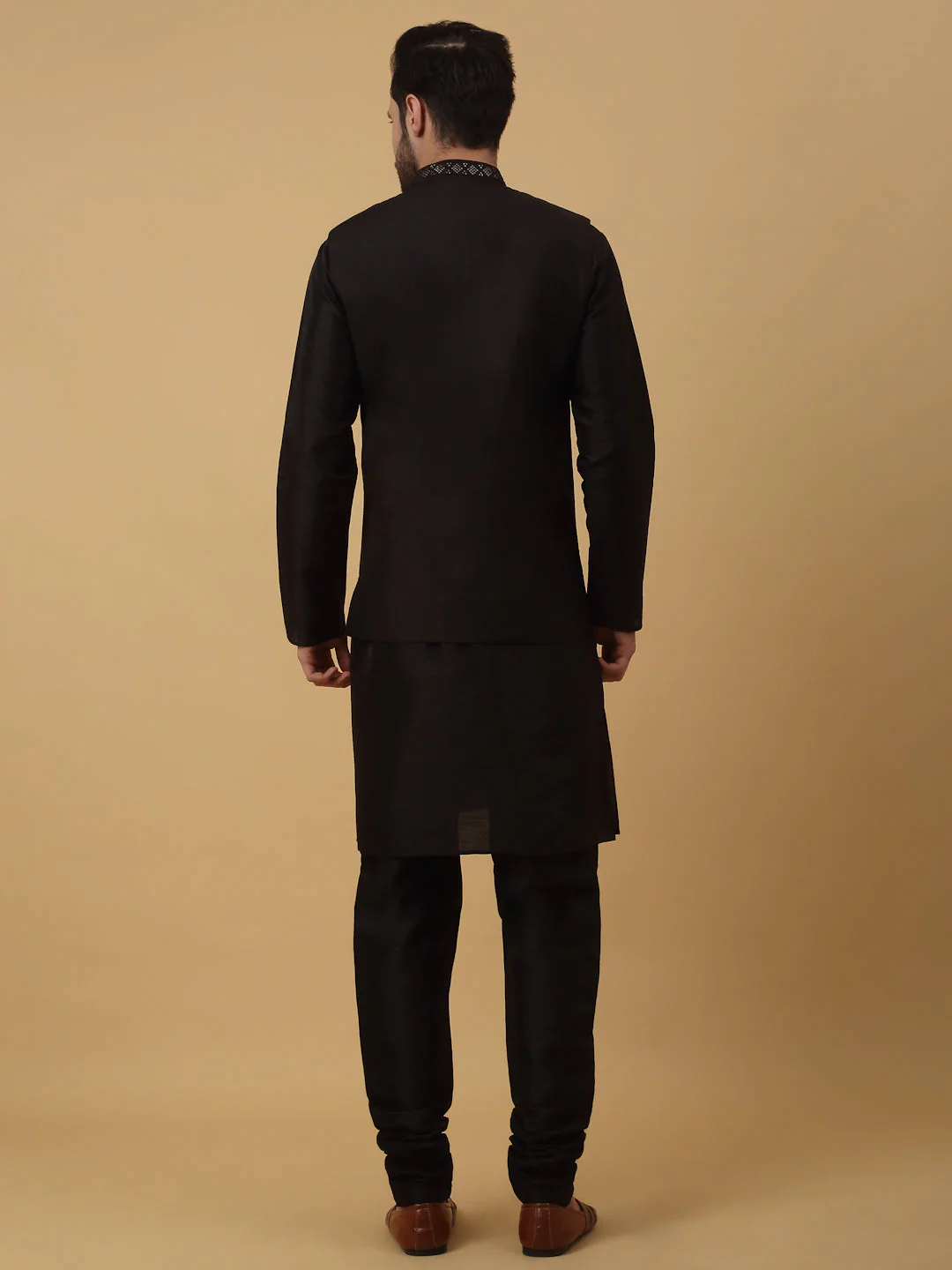 KRAFT INDIA Men's Silk Blend Black Kurta, Churidar with Cotton Silk Embroided Sequenced Nehru Jacket Set - Image 2