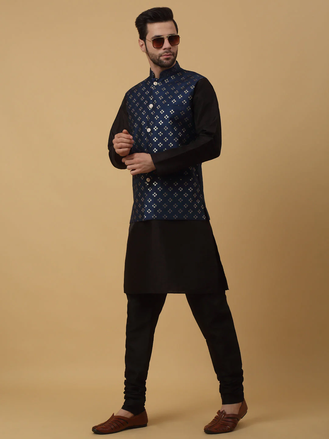 KRAFT INDIA Men's Silk Blend Black Kurta, Churidar with Cotton Silk Embroided Sequenced Nehru Jacket Set - Image 218