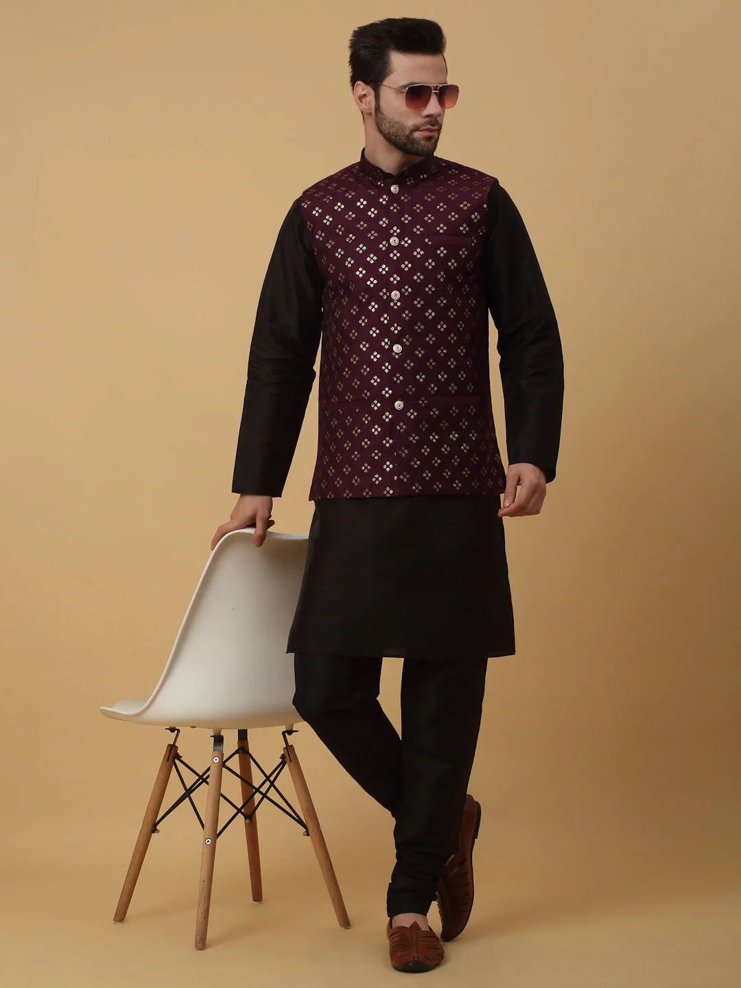 KRAFT INDIA Men's Silk Blend Black Kurta, Churidar with Cotton Silk Embroided Sequenced Nehru Jacket Set - Image 75