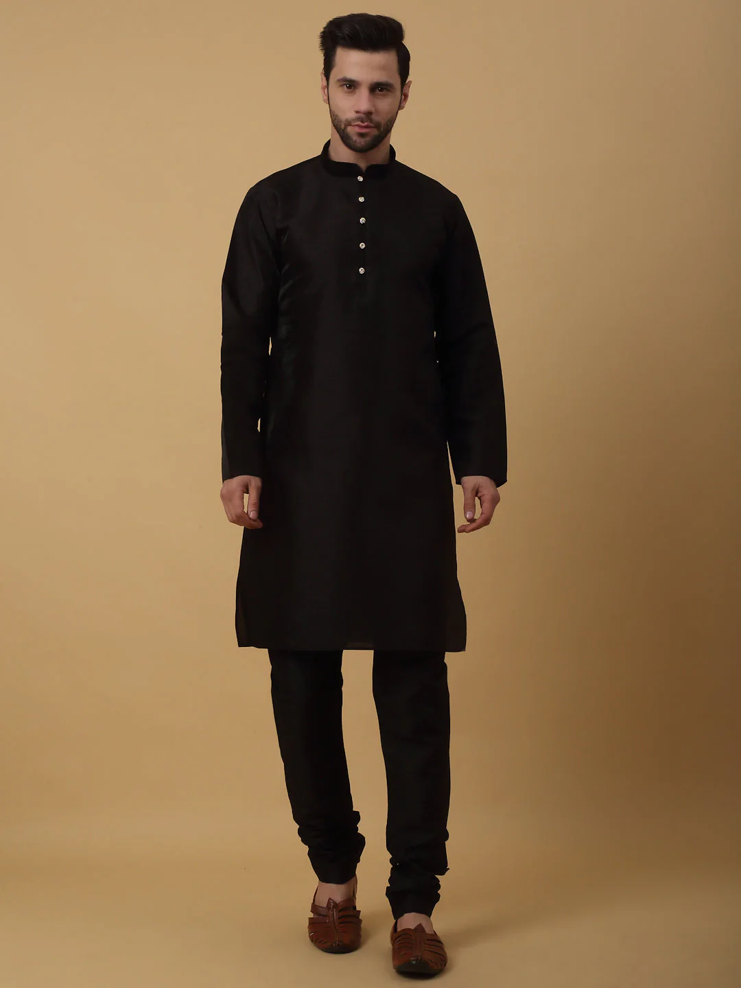 KRAFT INDIA Men's Silk Blend Black Kurta, Churidar with Cotton Silk Embroided Sequenced Nehru Jacket Set - Image 9