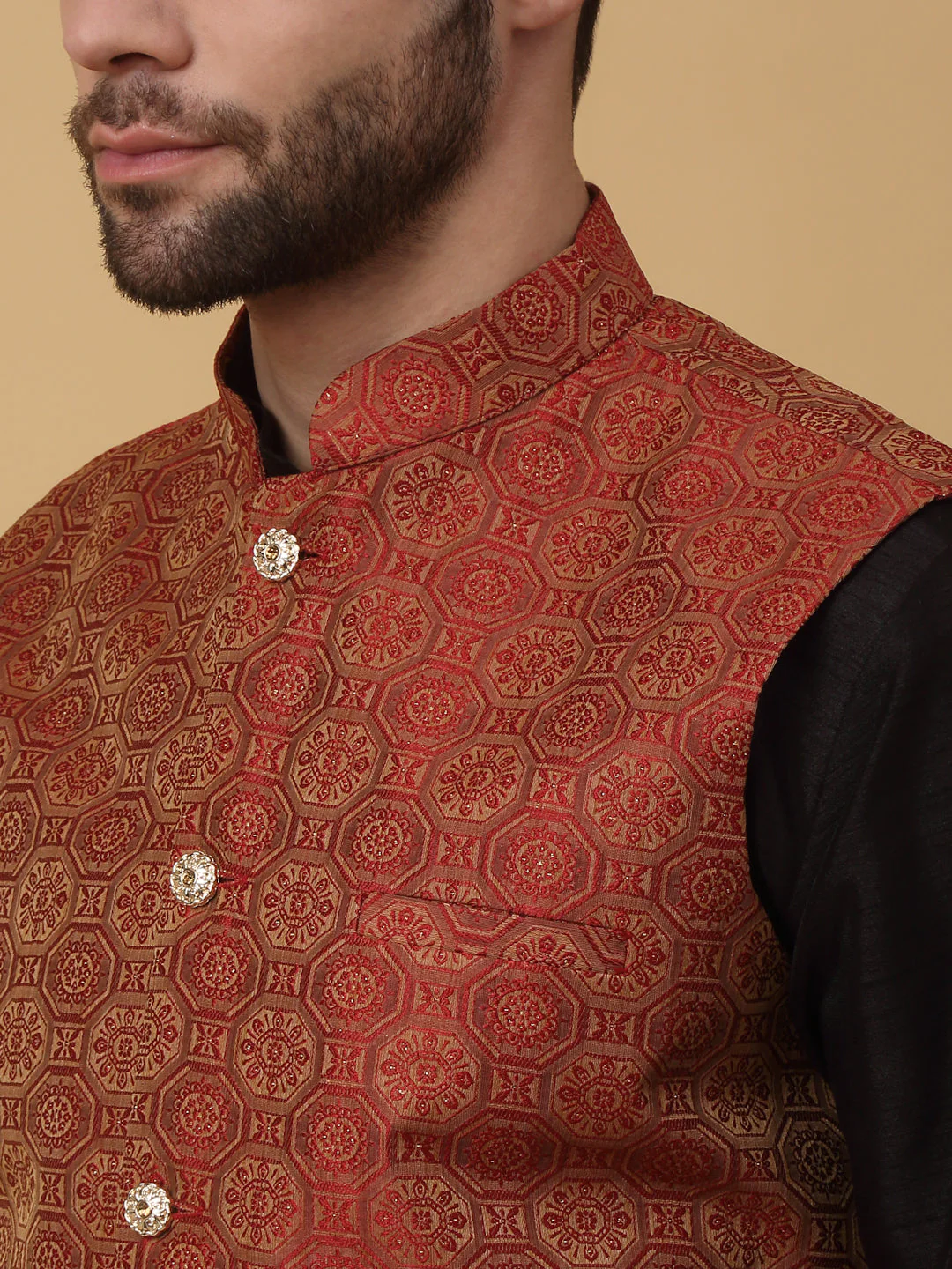 KRAFT INDIA Men's Silk Blend Black Kurta, Churidar with Jacquard Bandhani Silk Blend Nehru Jacket Set - Image 12
