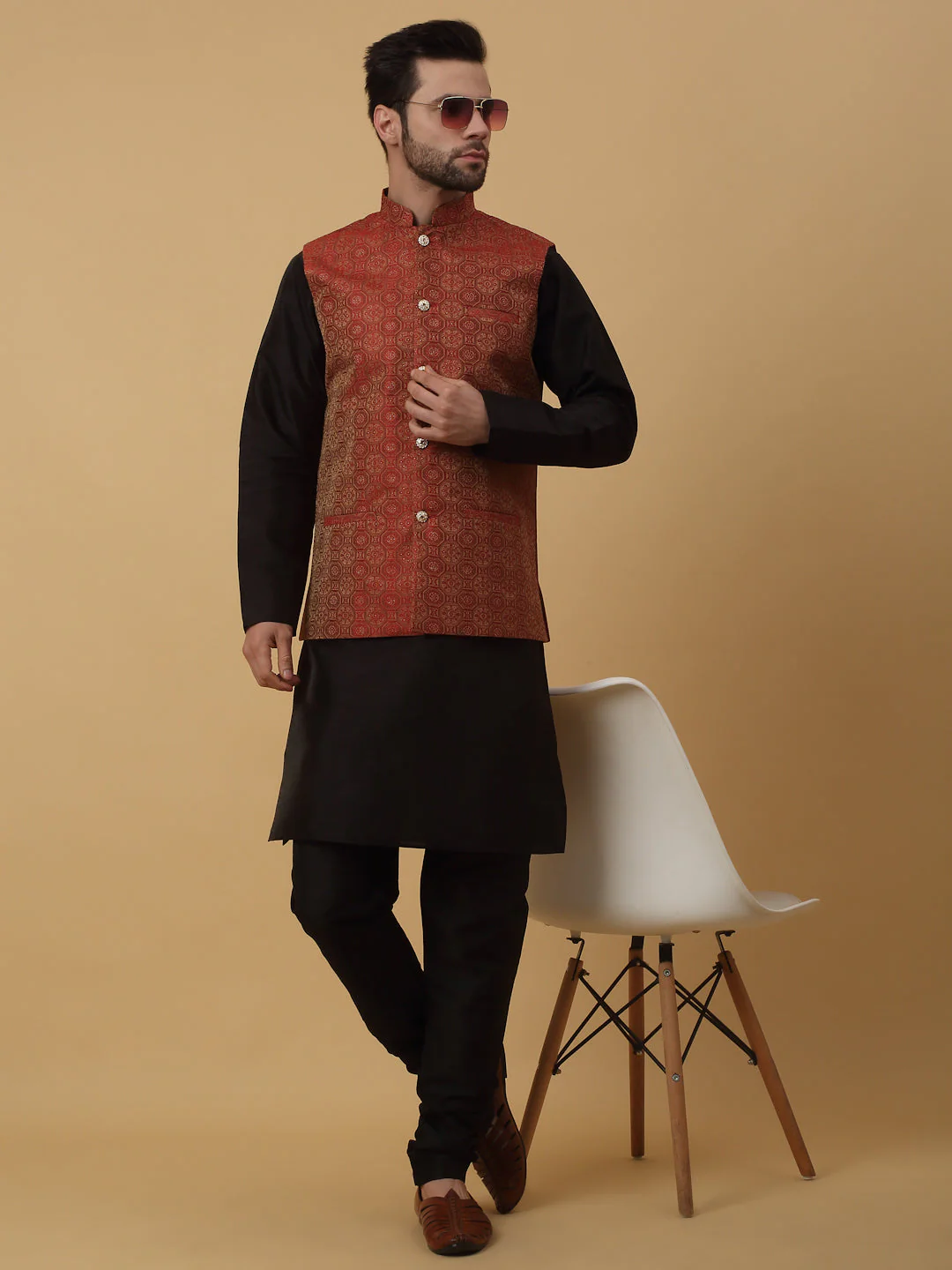 KRAFT INDIA Men's Silk Blend Black Kurta, Churidar with Jacquard Bandhani Silk Blend Nehru Jacket Set - Image 43