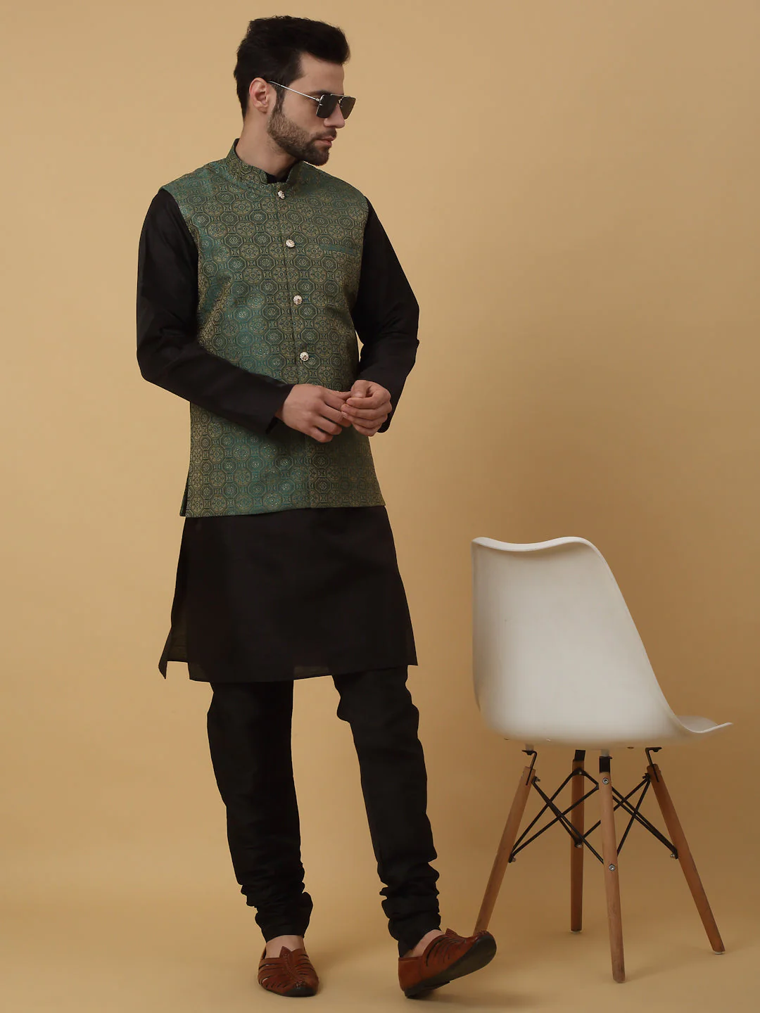 KRAFT INDIA Men's Silk Blend Black Kurta, Churidar with Jacquard Bandhani Silk Blend Nehru Jacket Set - Image 49
