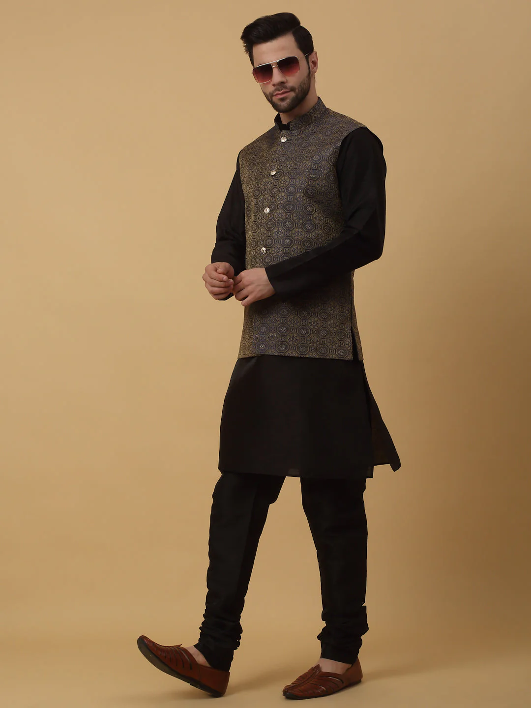 KRAFT INDIA Men's Silk Blend Black Kurta, Churidar with Jacquard Bandhani Silk Blend Nehru Jacket Set - Image 63