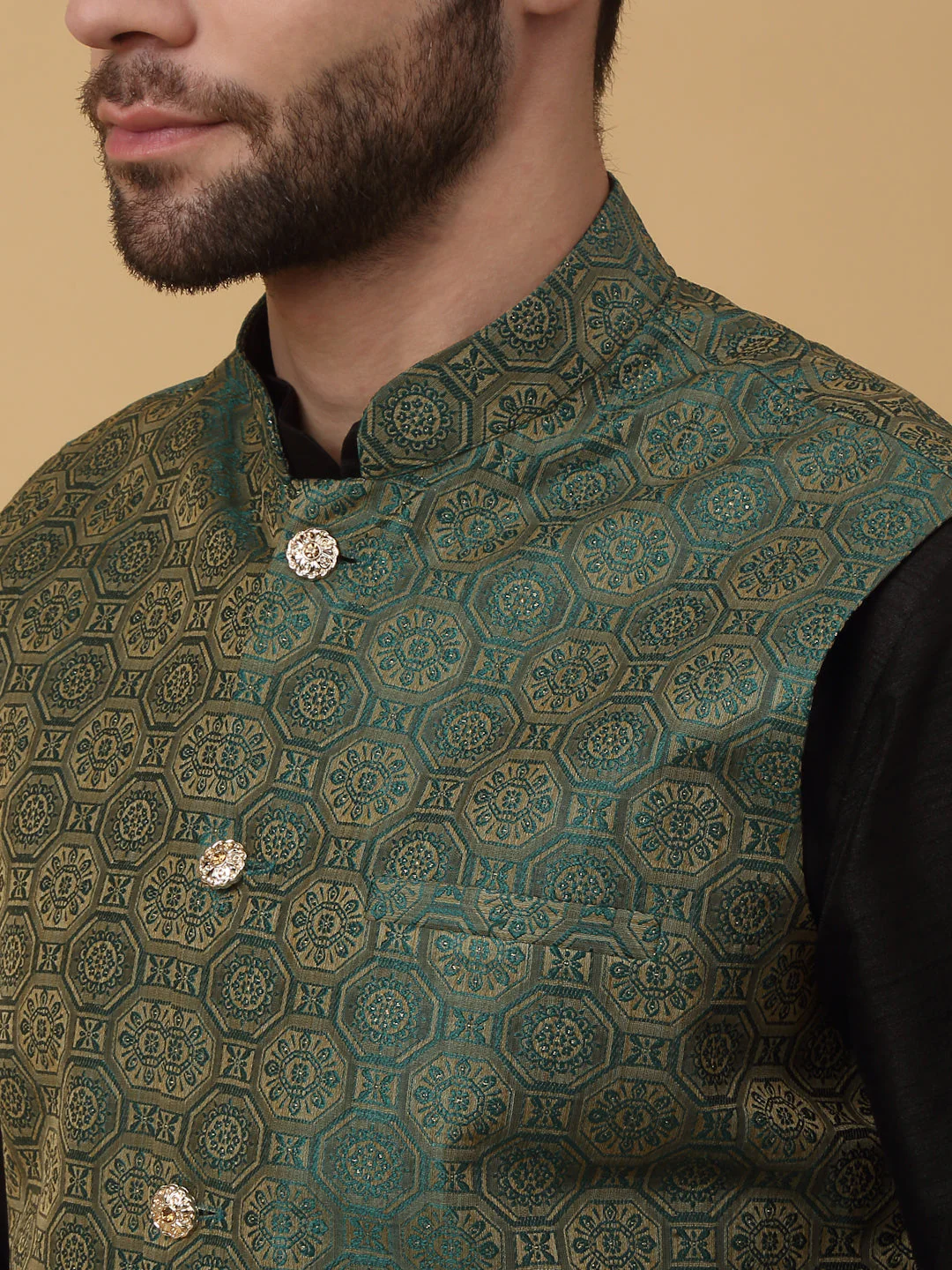 KRAFT INDIA Men's Silk Blend Black Kurta, Churidar with Jacquard Bandhani Silk Blend Nehru Jacket Set - Image 7