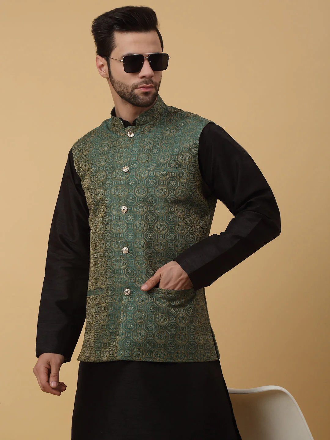 KRAFT INDIA Men's Silk Blend Black Kurta, Churidar with Jacquard Bandhani Silk Blend Nehru Jacket Set - Image 9