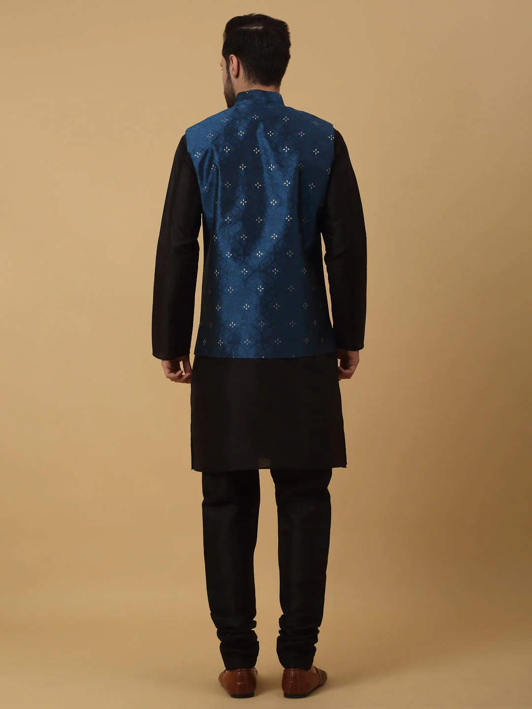 KRAFT INDIA Men's Silk Blend Black Kurta, Churidar with Jacquard Silk Blend Floral Nehru Jacket Set - Image 2