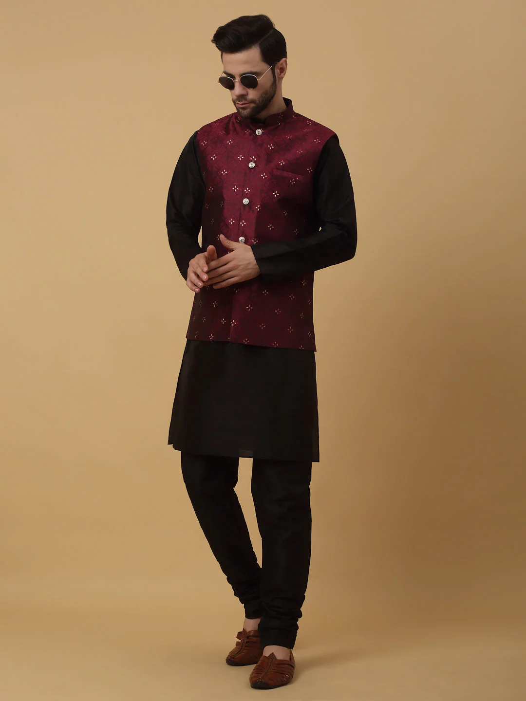 KRAFT INDIA Men's Silk Blend Black Kurta, Churidar with Jacquard Silk Blend Floral Nehru Jacket Set - Image 212
