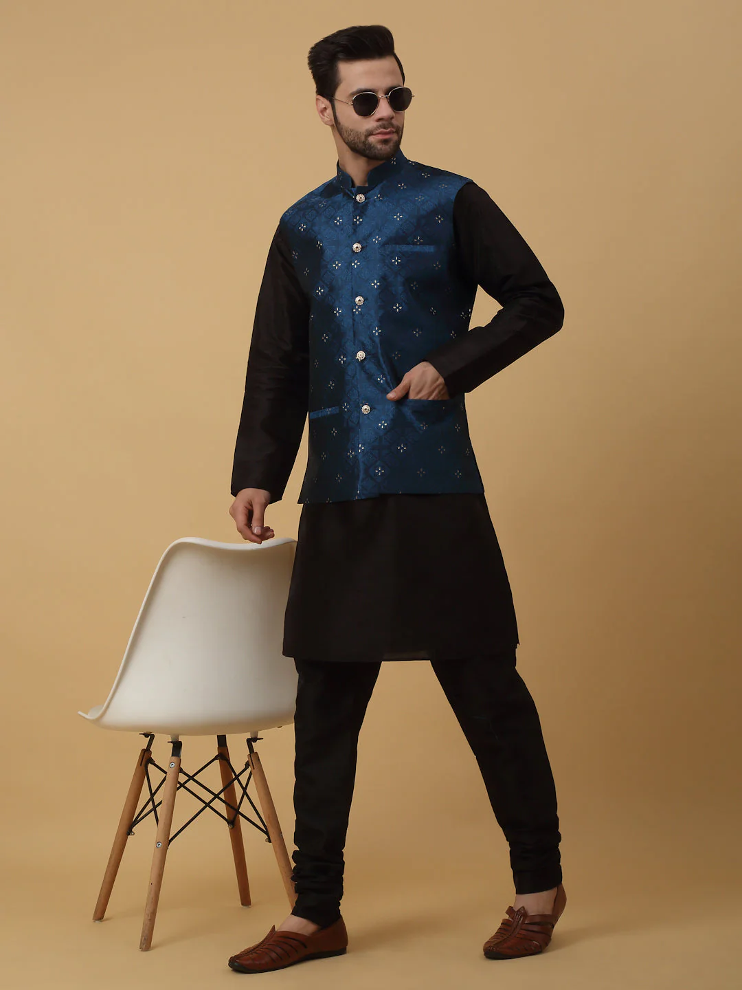KRAFT INDIA Men's Silk Blend Black Kurta, Churidar with Jacquard Silk Blend Floral Nehru Jacket Set - Image 247